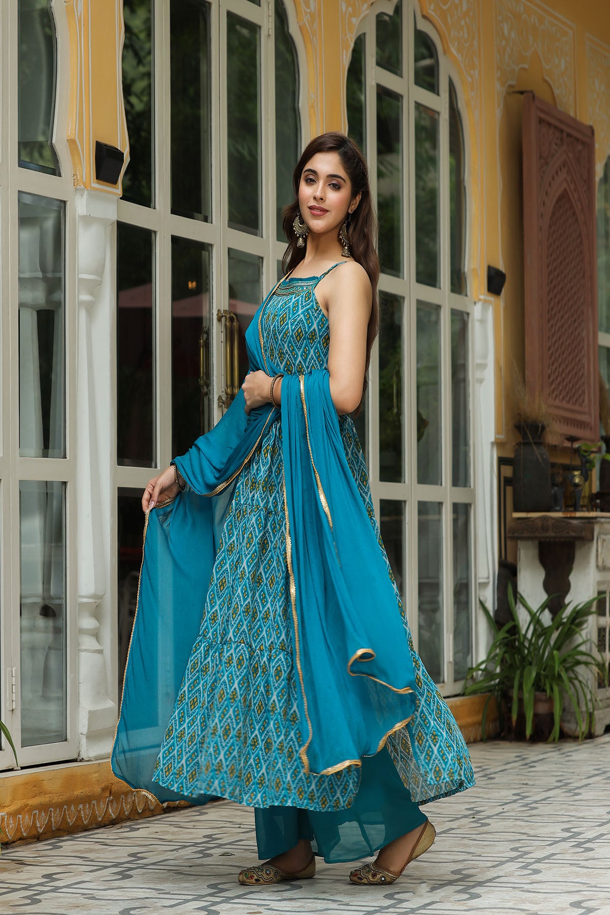 Blue Georgette Handwork Flared Suit