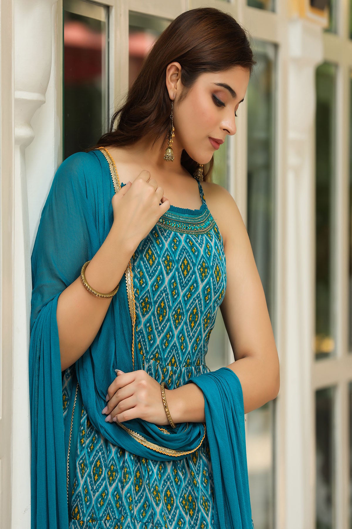 Blue Georgette Handwork Flared Suit