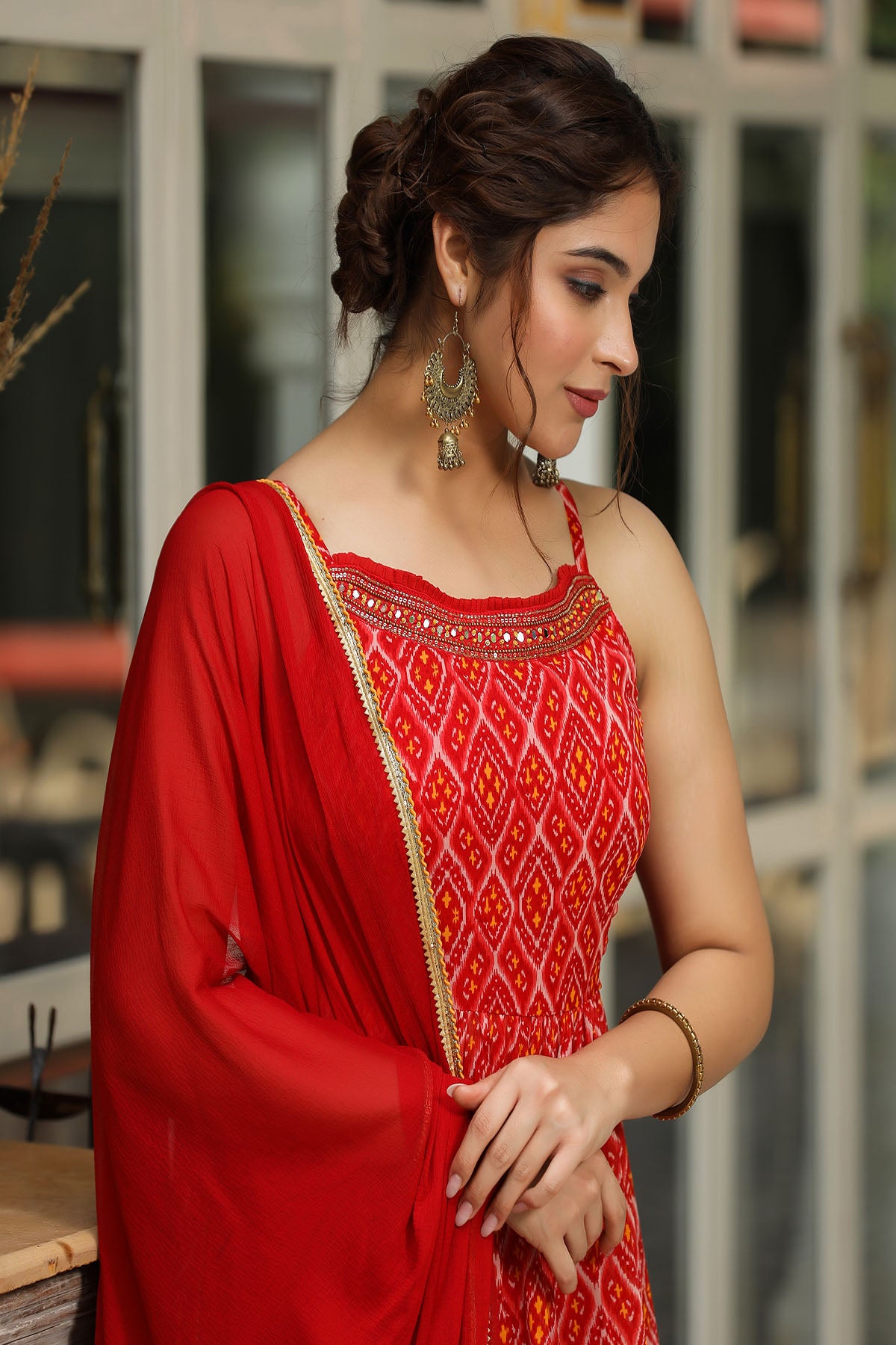 Red Georgette Handwork Flared Suit