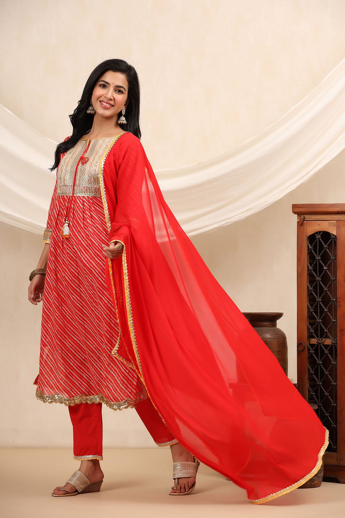 Red Cotton Gotapatti Straight-Cut Suit