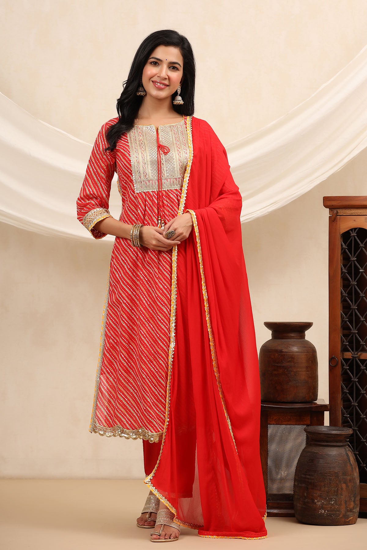 Red Cotton Gotapatti Straight-Cut Suit