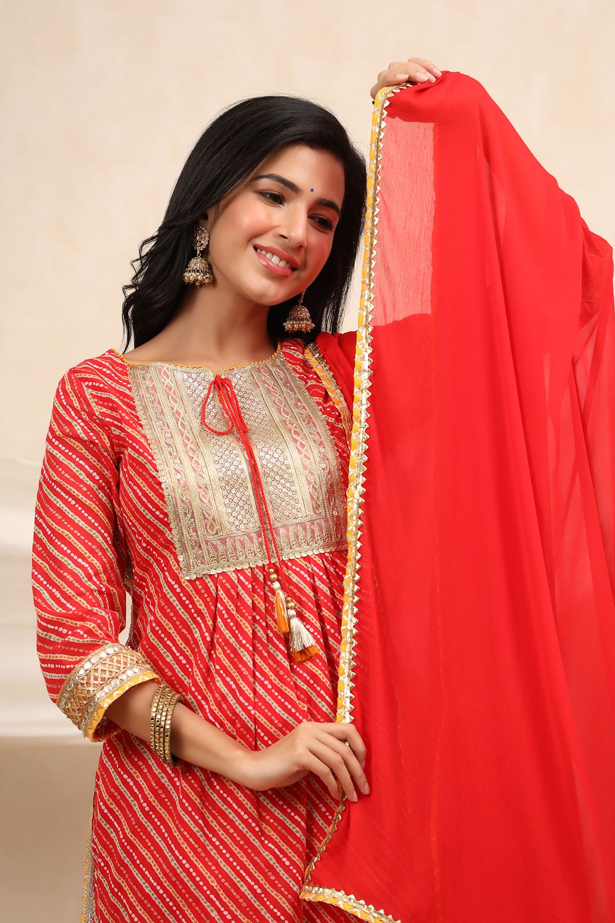 Red Cotton Gotapatti Straight-Cut Suit