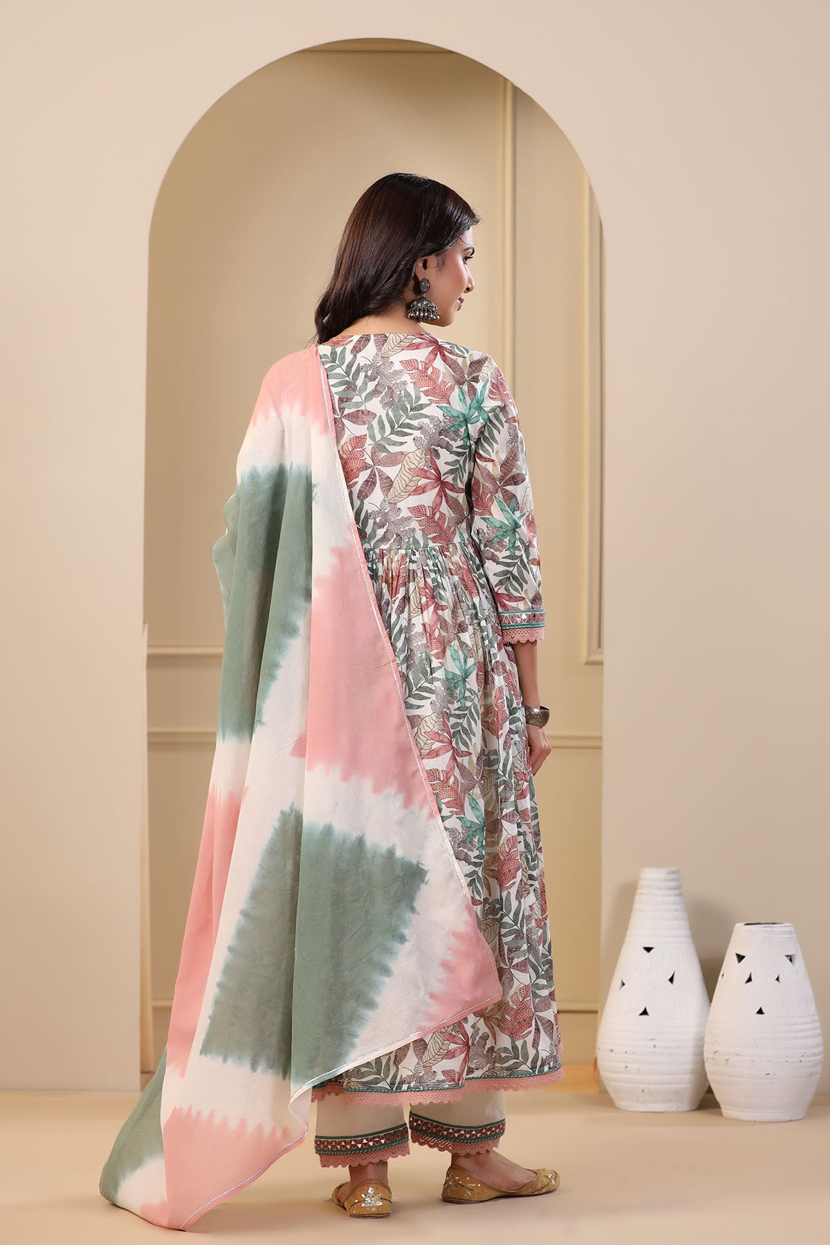 Green Floral Cotton Front-Cut Suit