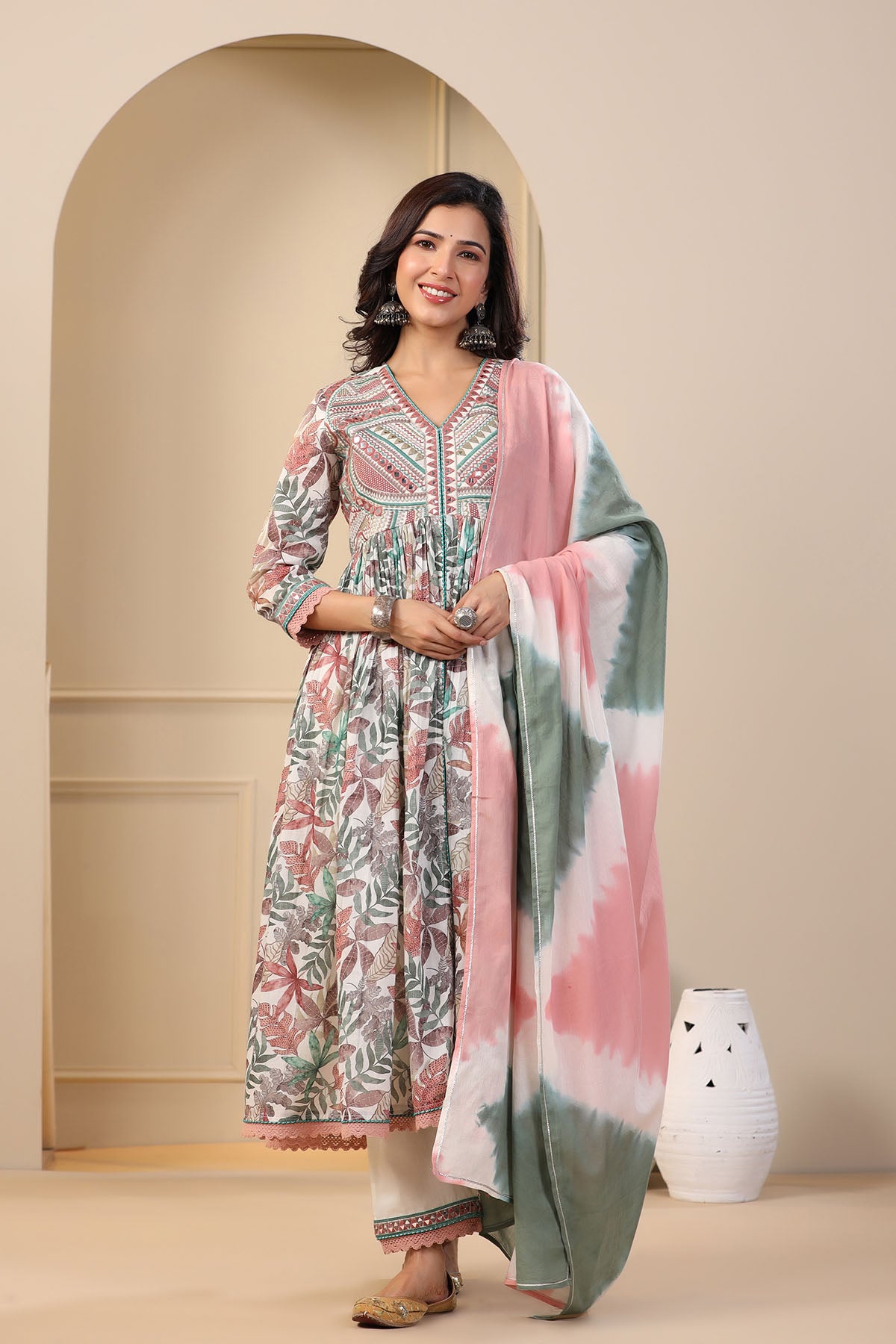 Green Floral Cotton Front-Cut Suit