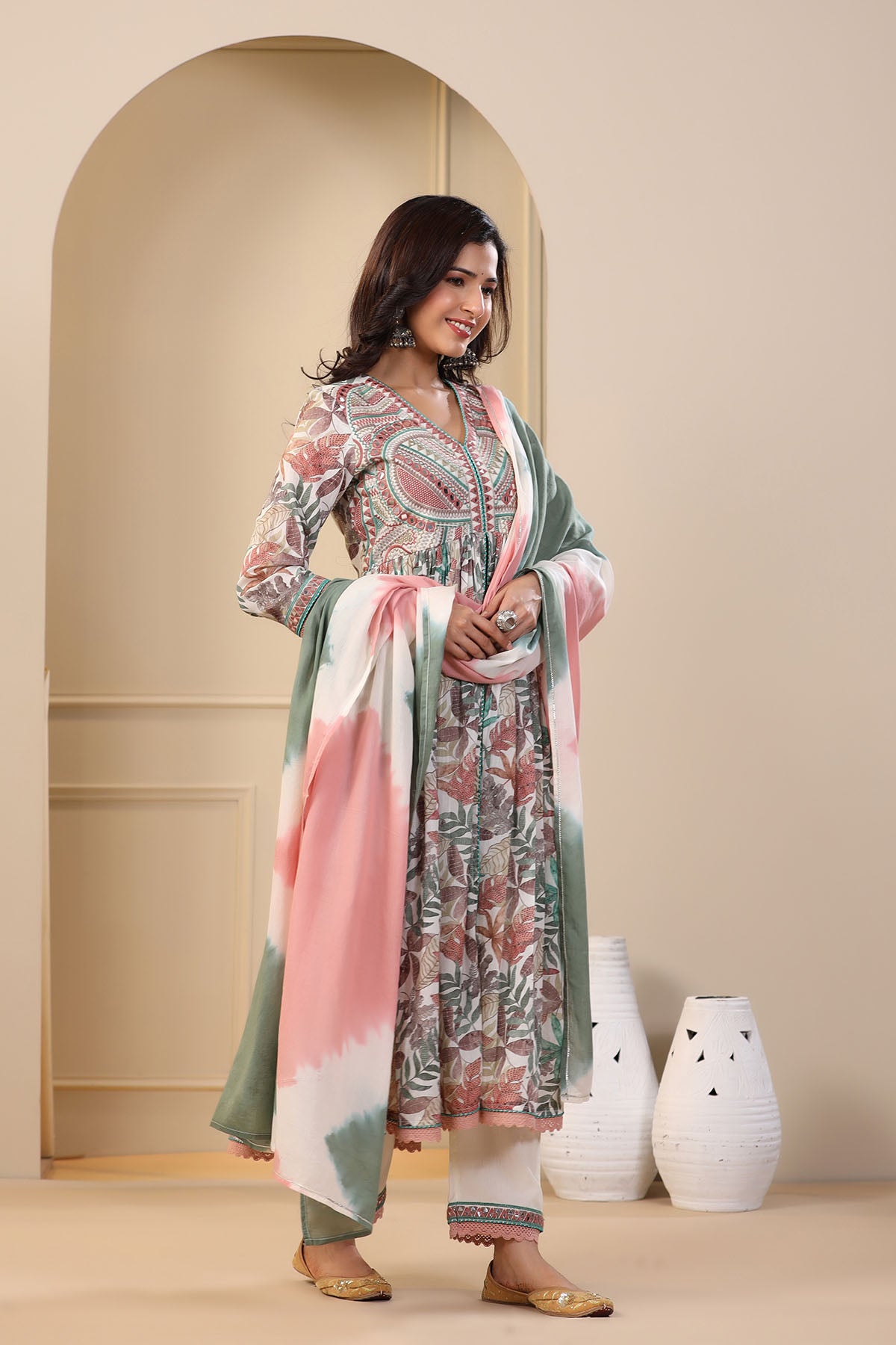 Green Floral Cotton Front-Cut Suit