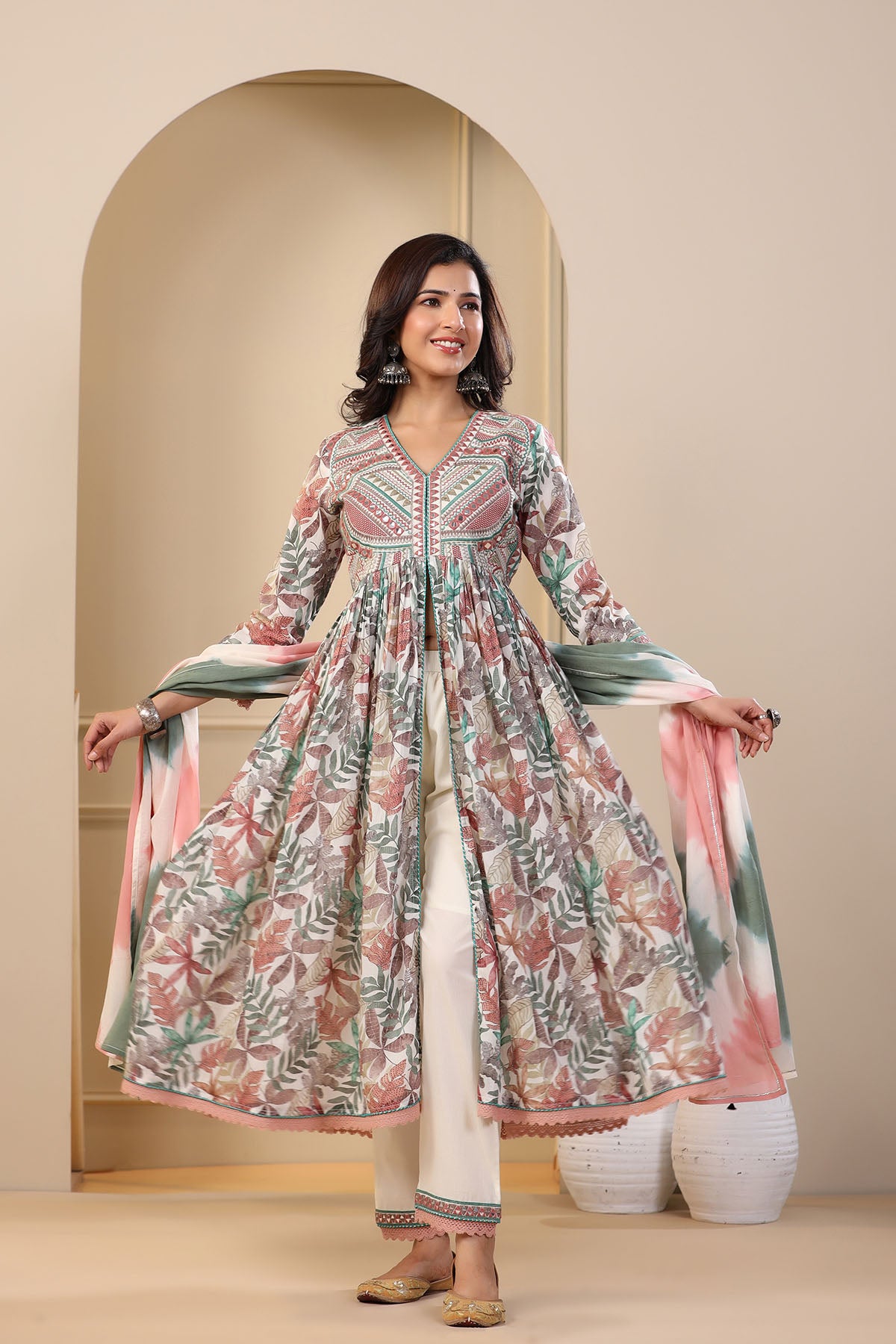 Green Floral Cotton Front-Cut Suit