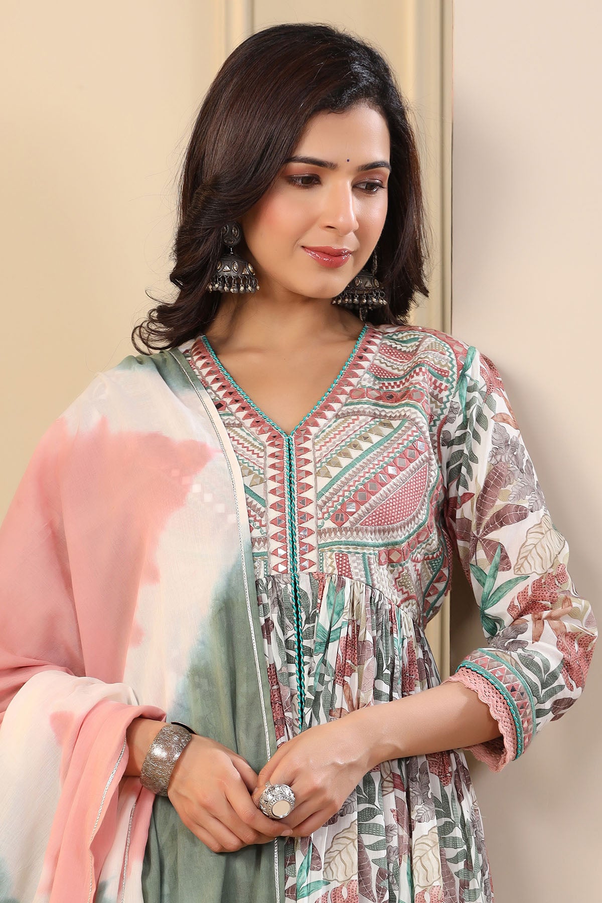 Green Floral Cotton Front-Cut Suit