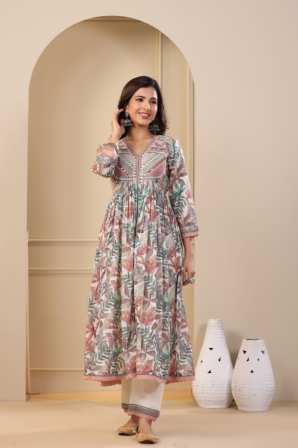 Green Floral Cotton Front-Cut Suit