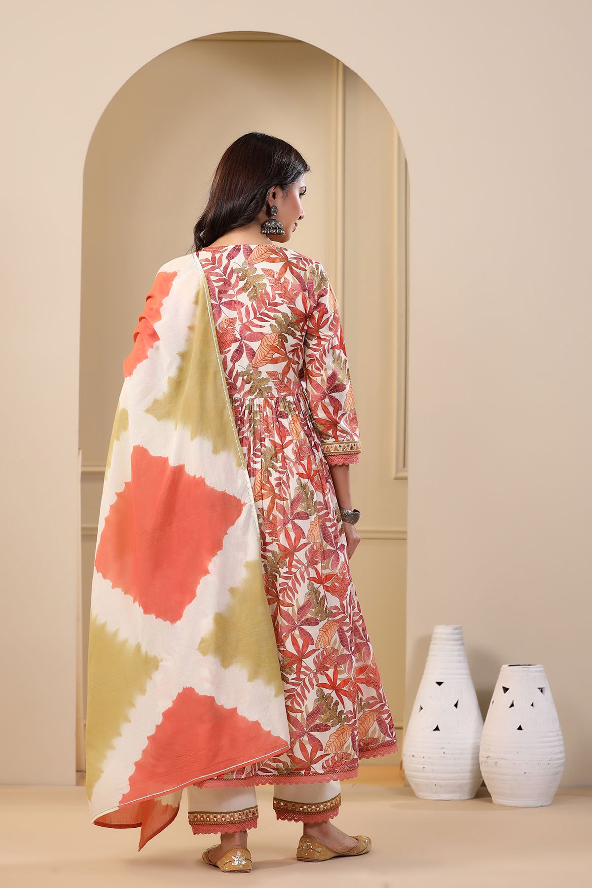 Orange Floral Cotton Embroidered Front-Cut Suit