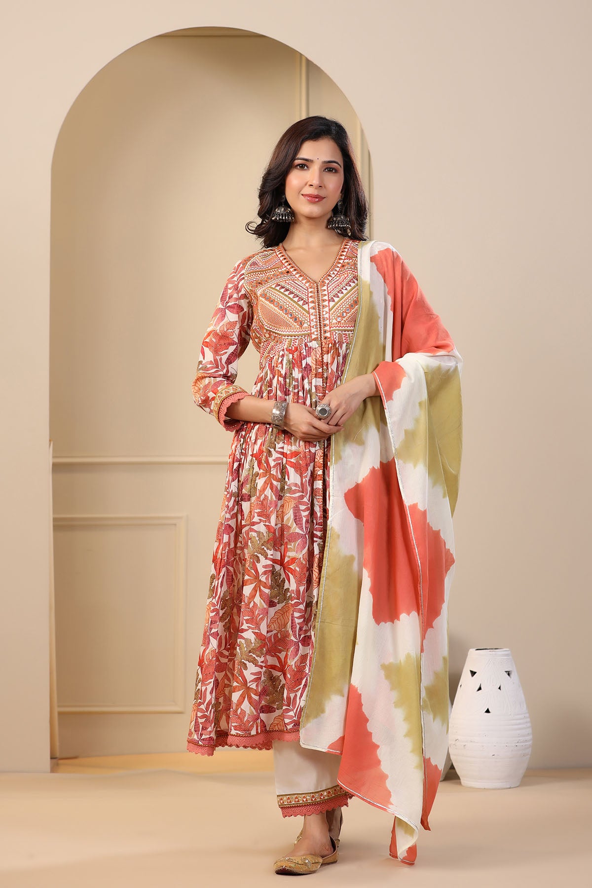 Orange Floral Cotton Embroidered Front-Cut Suit