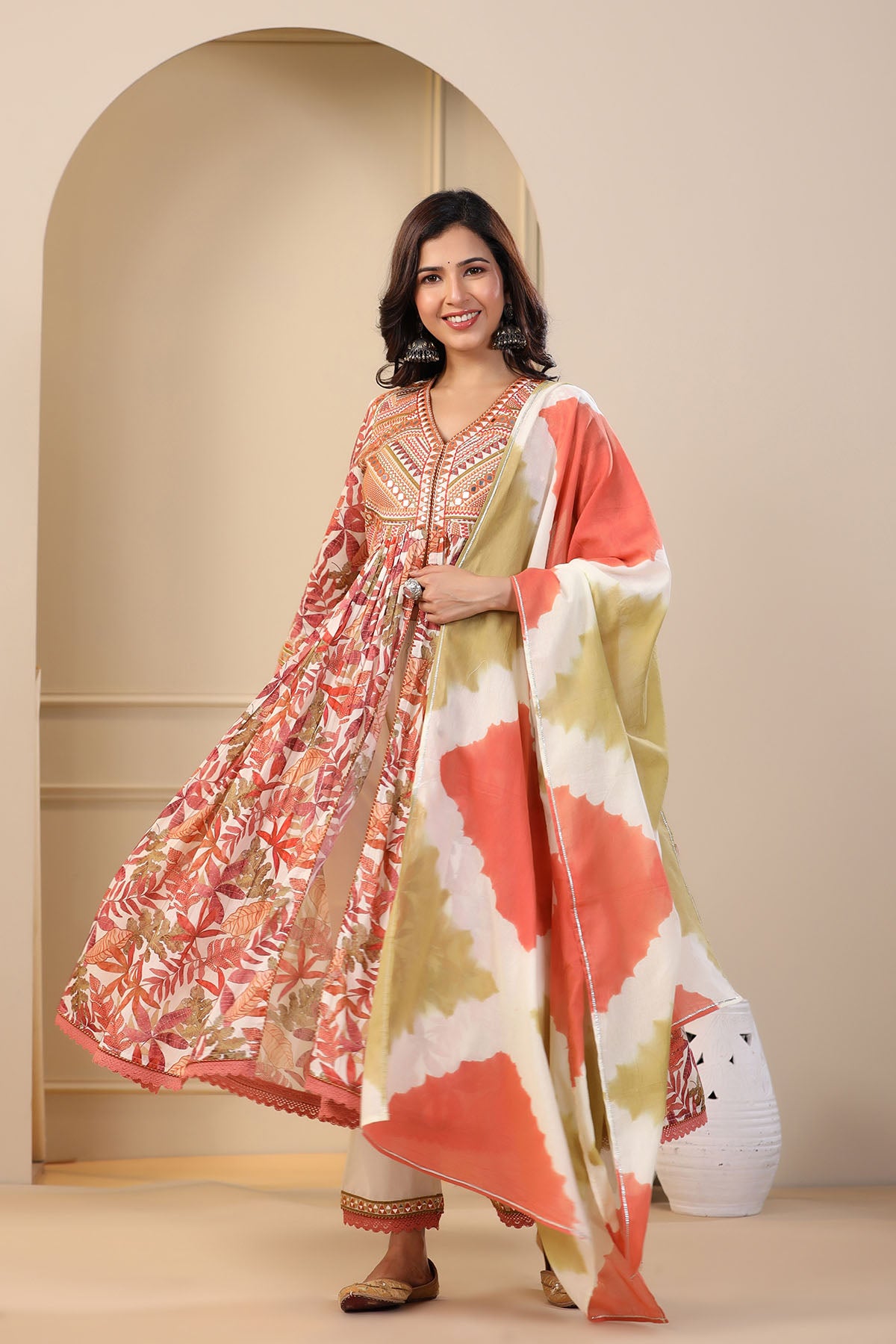 Orange Floral Cotton Embroidered Front-Cut Suit