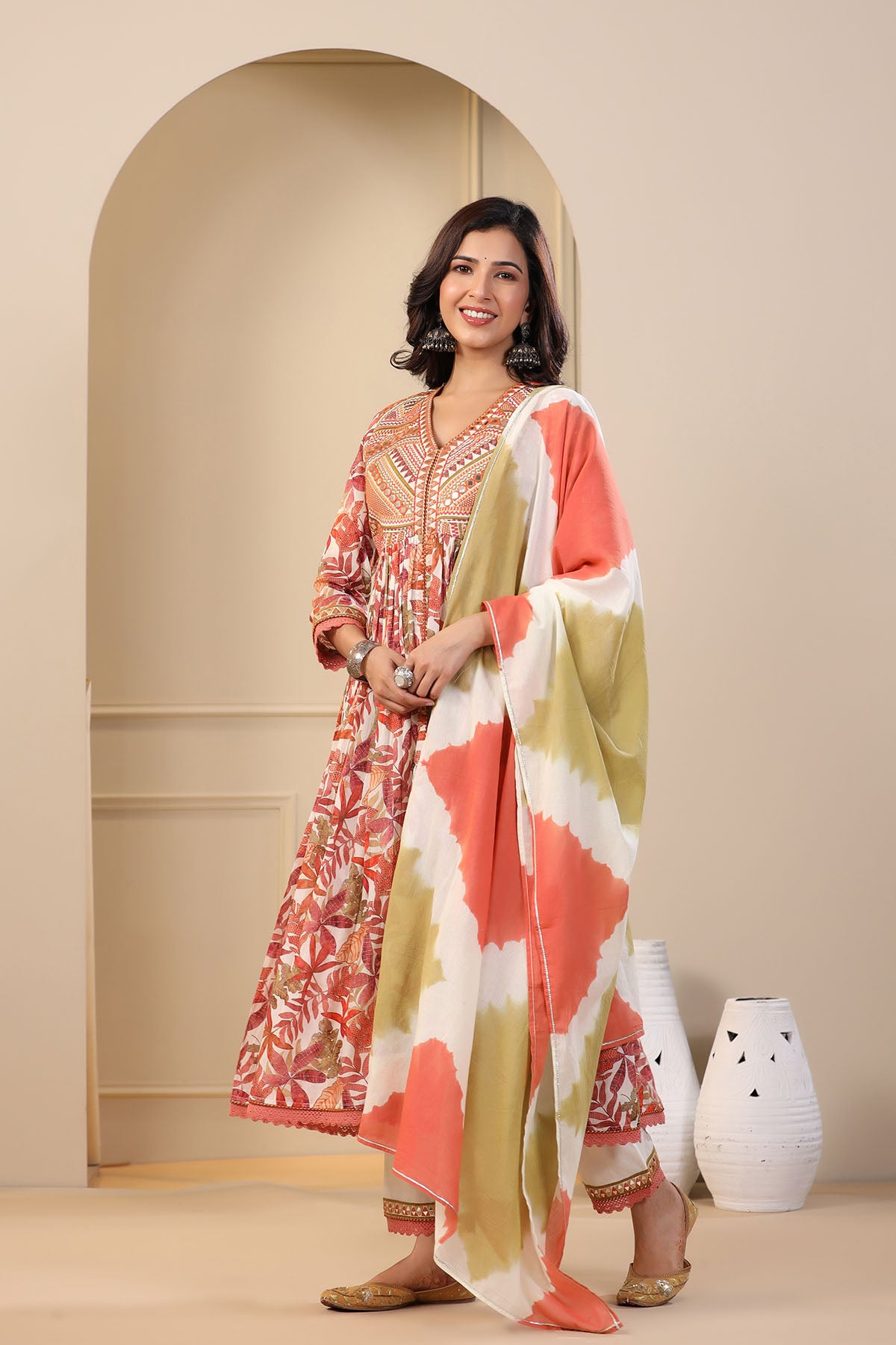 Orange Floral Cotton Embroidered Front-Cut Suit