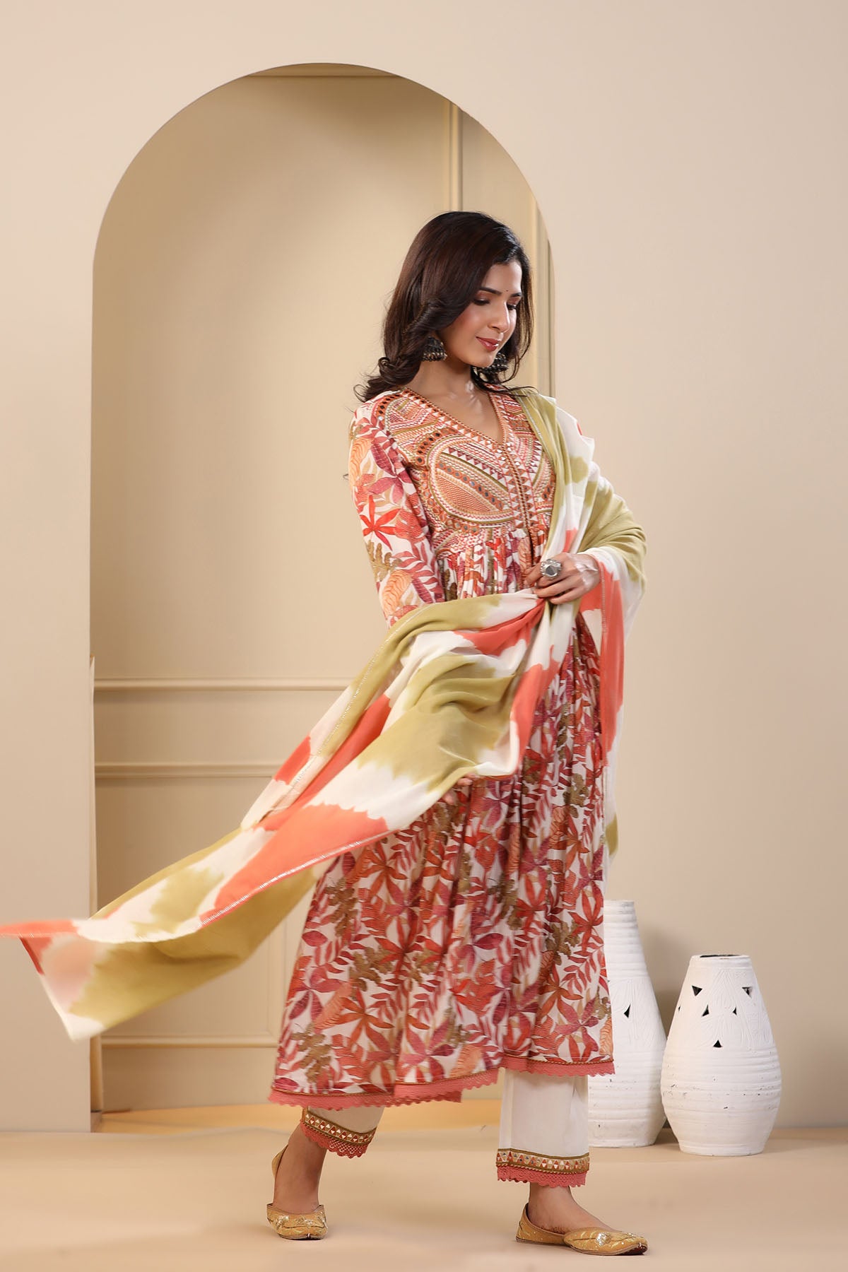 Orange Floral Cotton Embroidered Front-Cut Suit