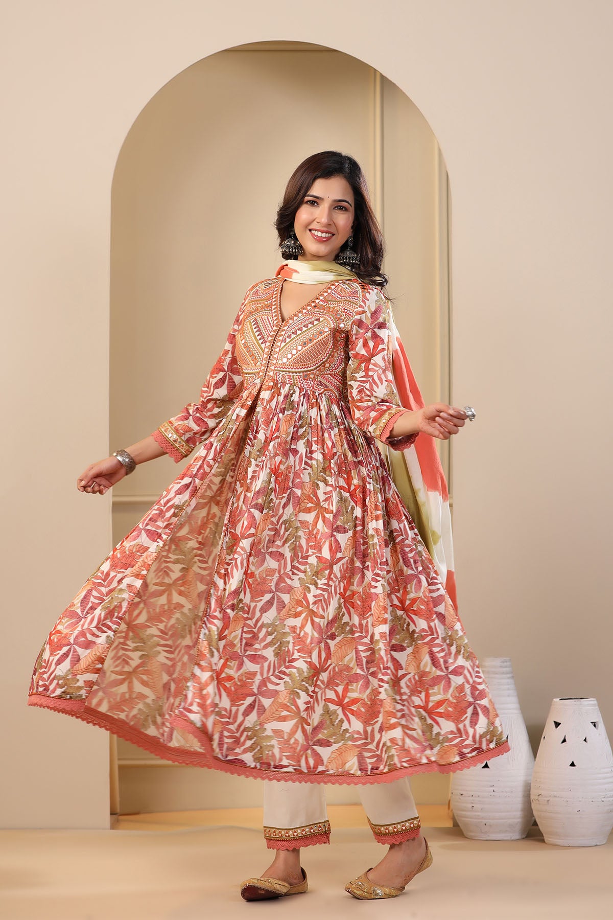 Orange Floral Cotton Embroidered Front-Cut Suit