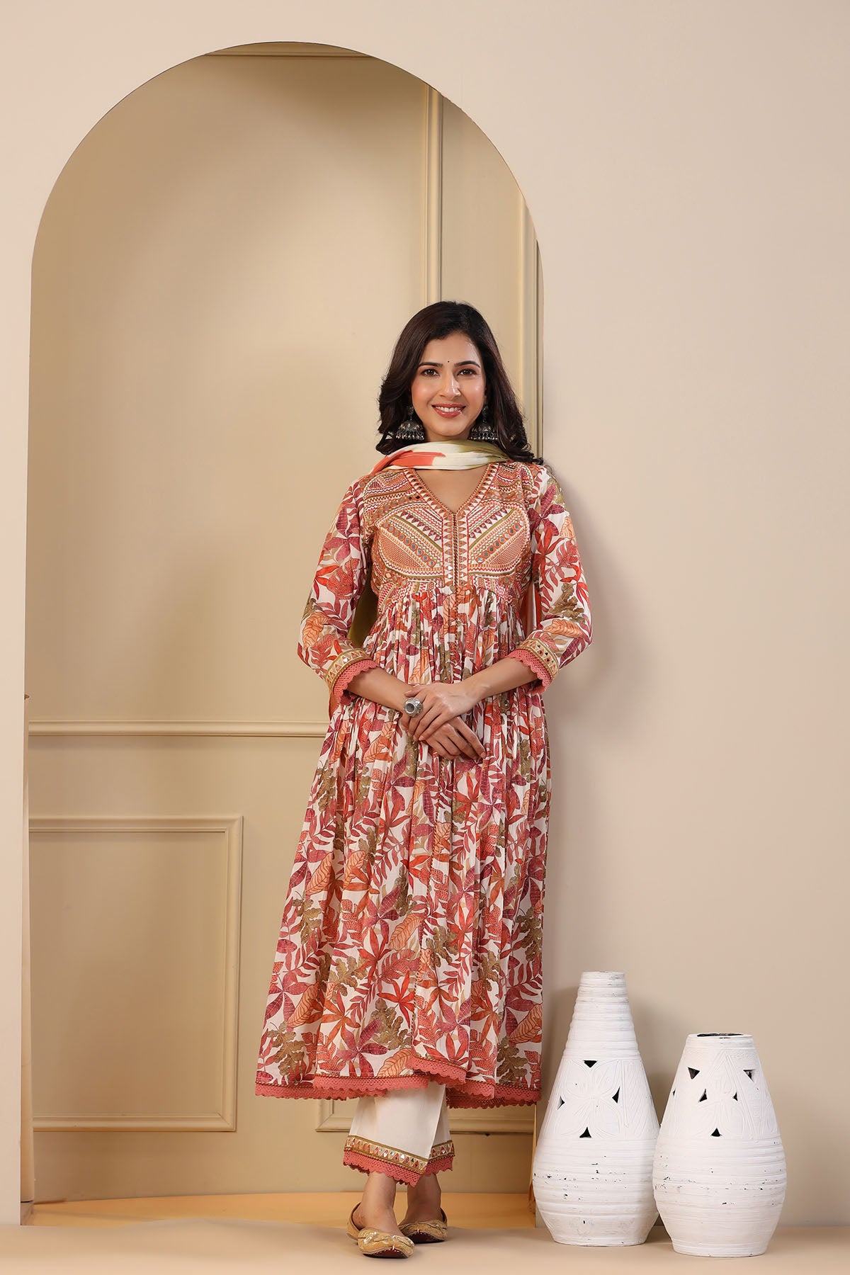 Orange Floral Cotton Embroidered Front-Cut Suit