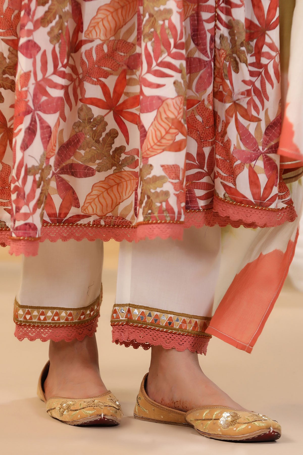 Orange Floral Cotton Embroidered Front-Cut Suit