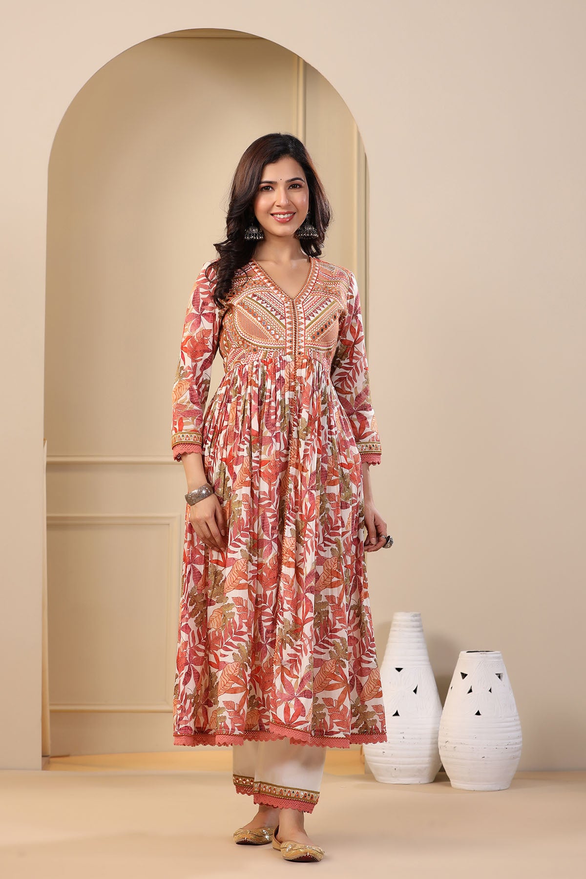 Orange Floral Cotton Embroidered Front-Cut Suit