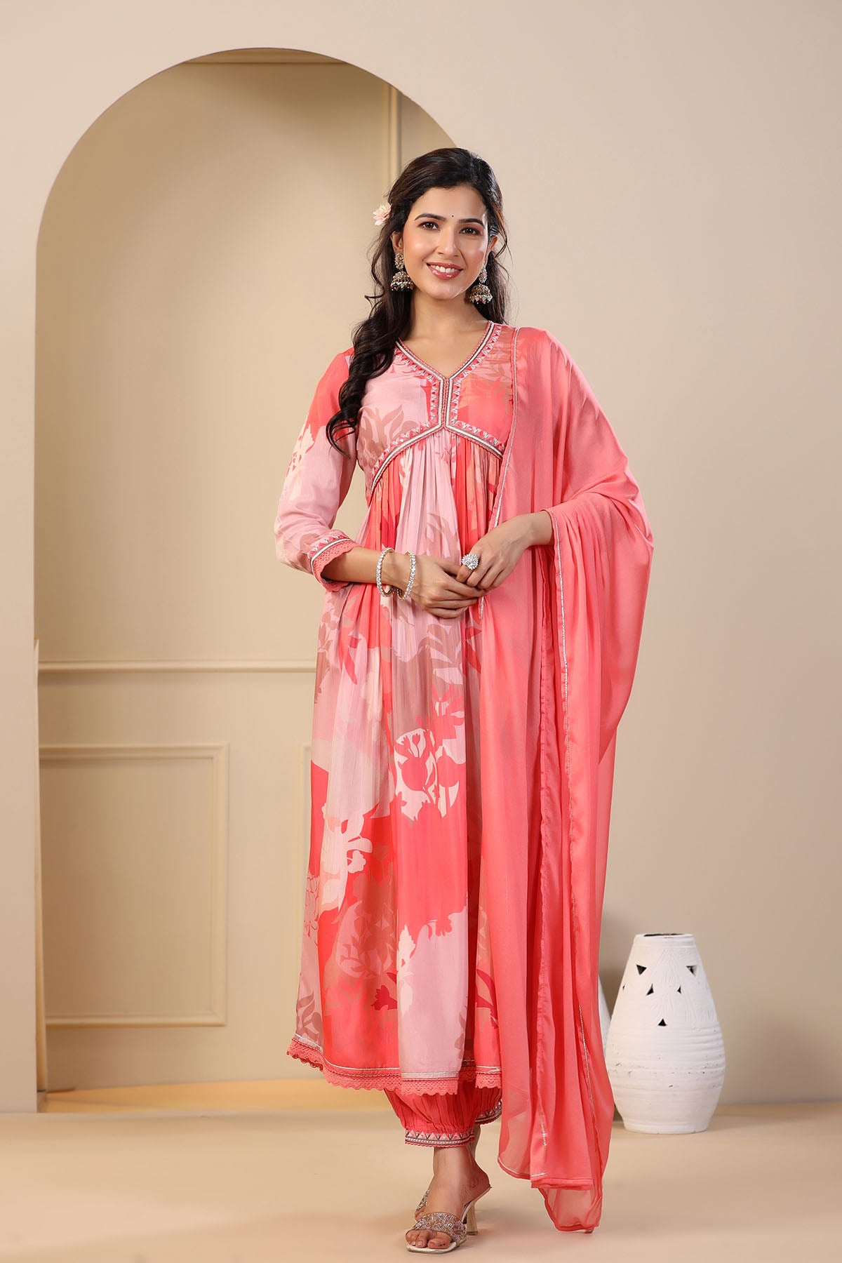 Peach Multicolor Muslin Printed Anarkali Suit