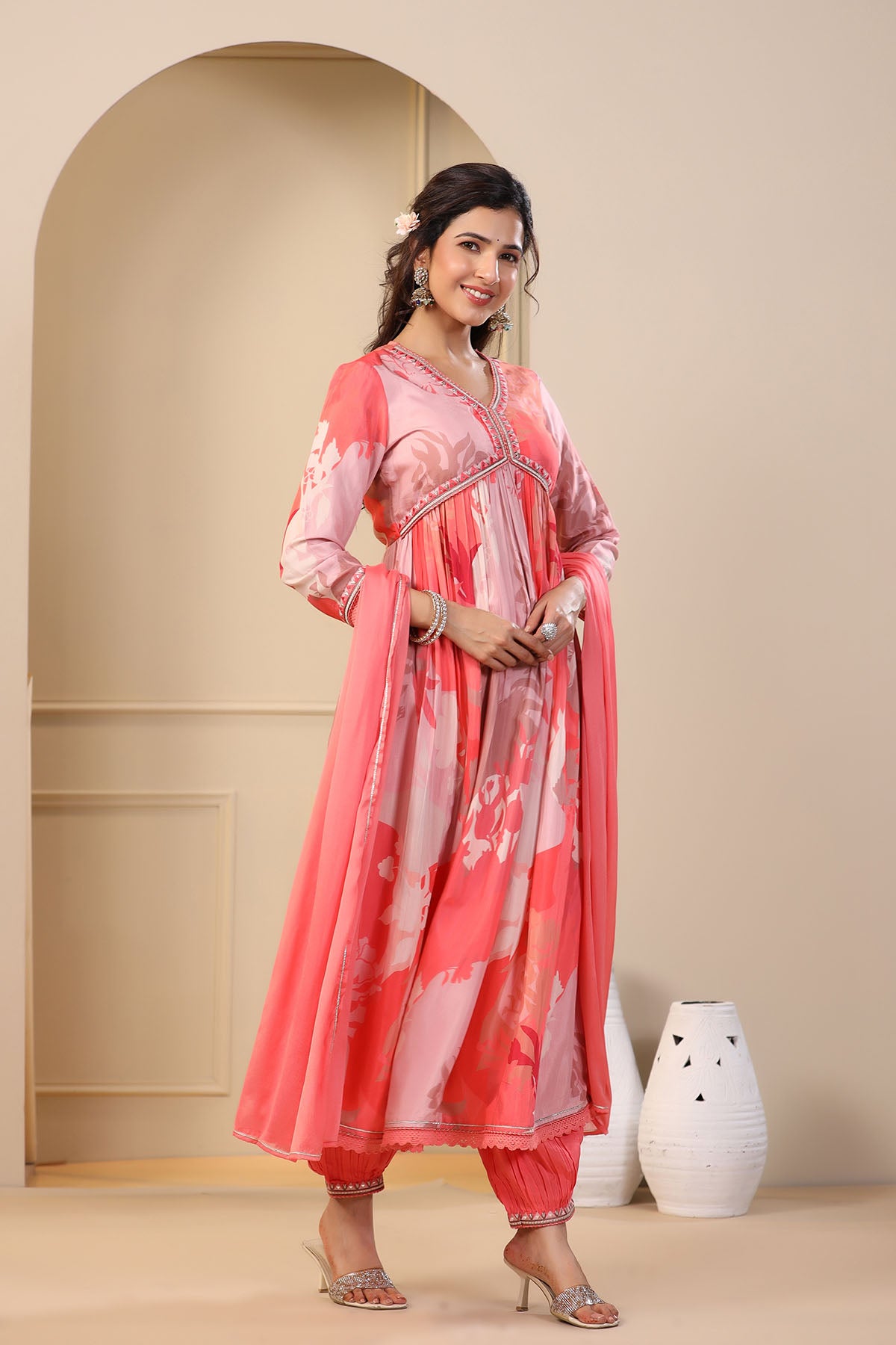 Peach Multicolor Muslin Printed Anarkali Suit