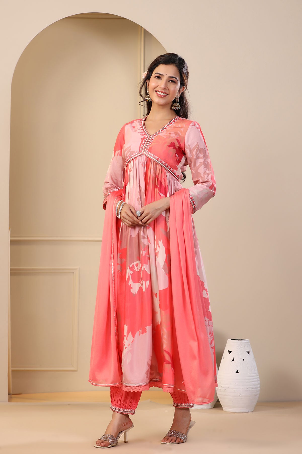Peach Multicolor Muslin Printed Anarkali Suit
