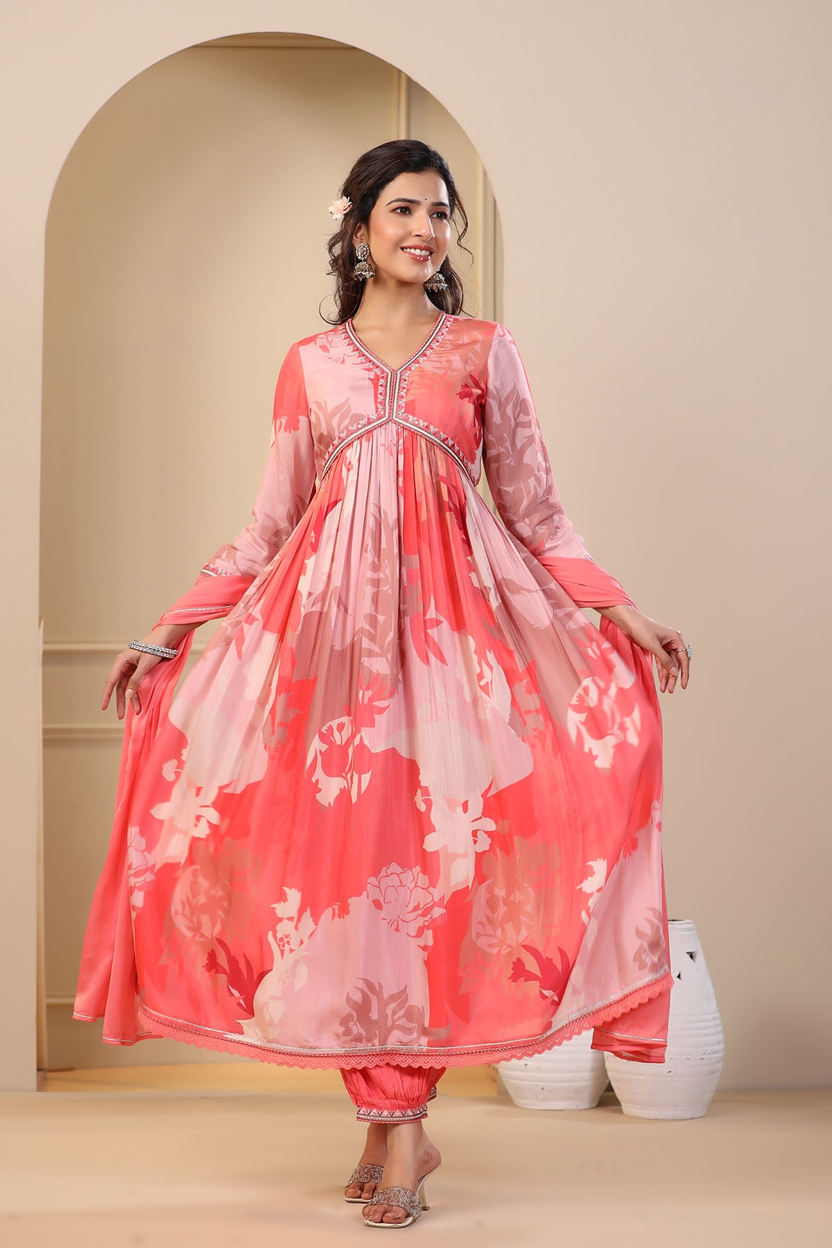 Peach Multicolor Muslin Printed Anarkali Suit