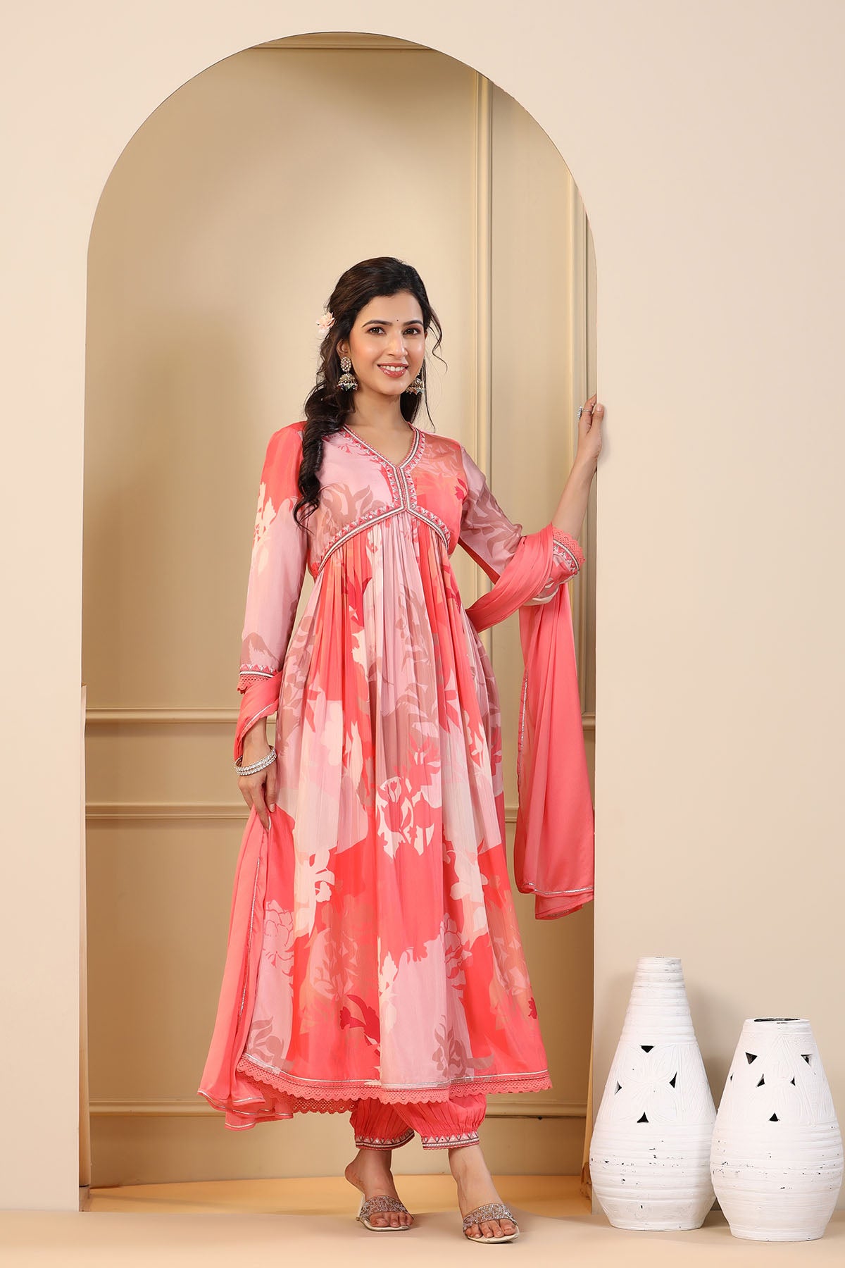 Peach Multicolor Muslin Printed Anarkali Suit