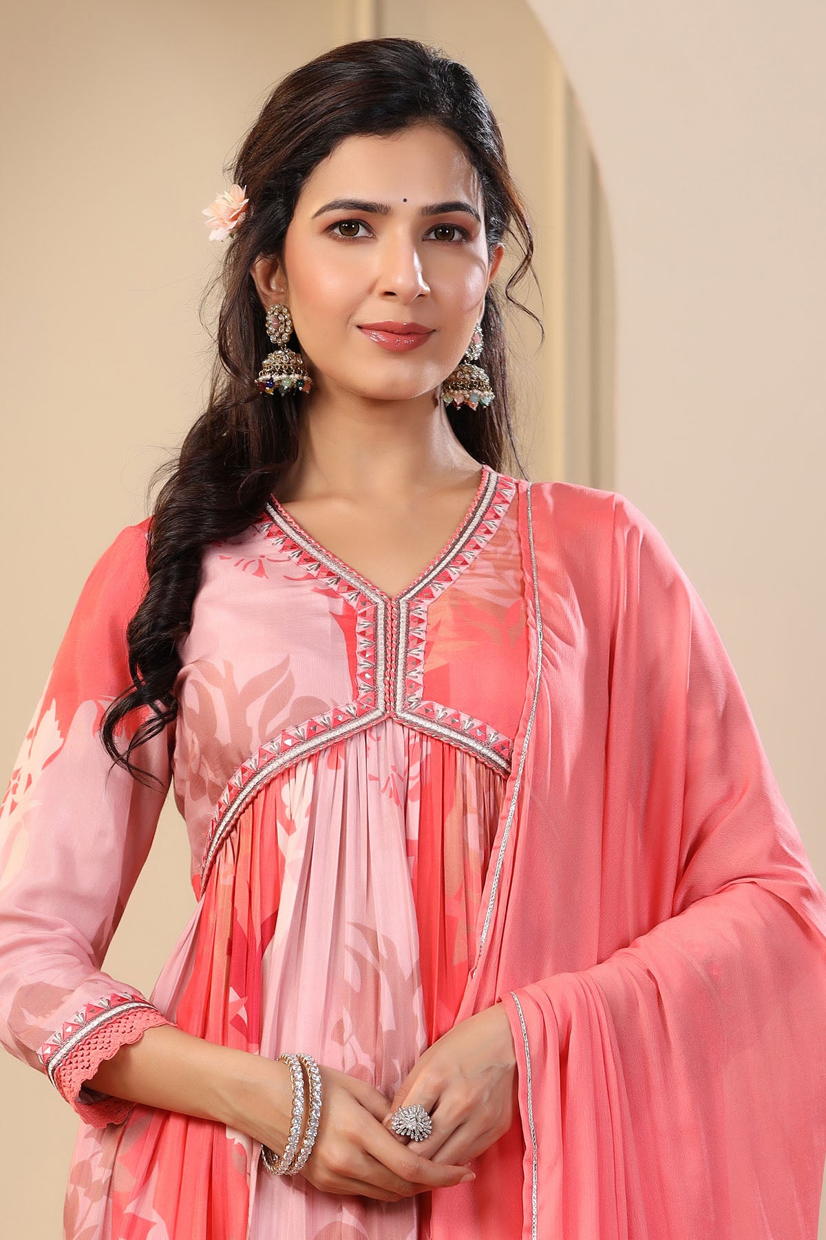 Peach Multicolor Muslin Printed Anarkali Suit