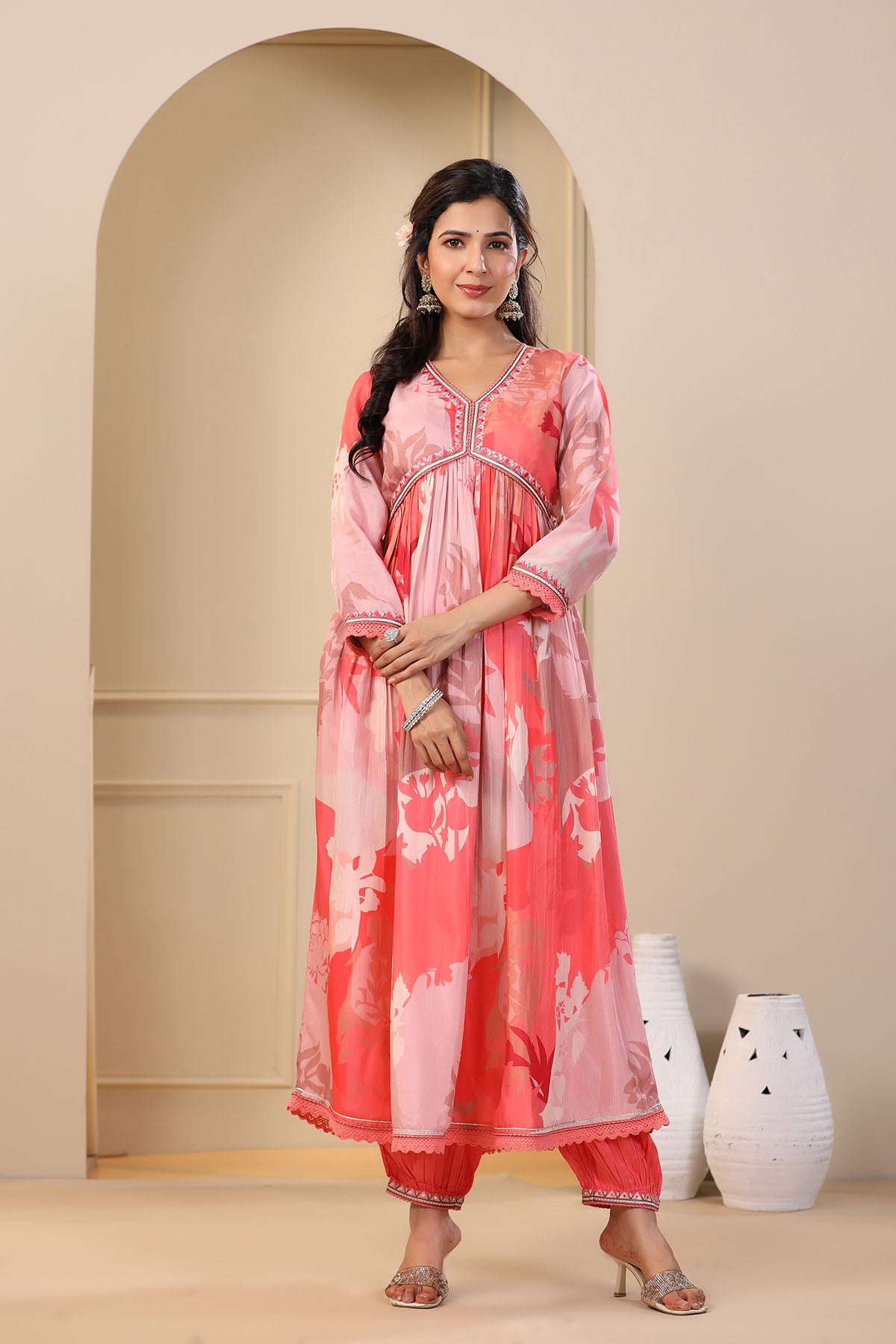Peach Multicolor Muslin Printed Anarkali Suit