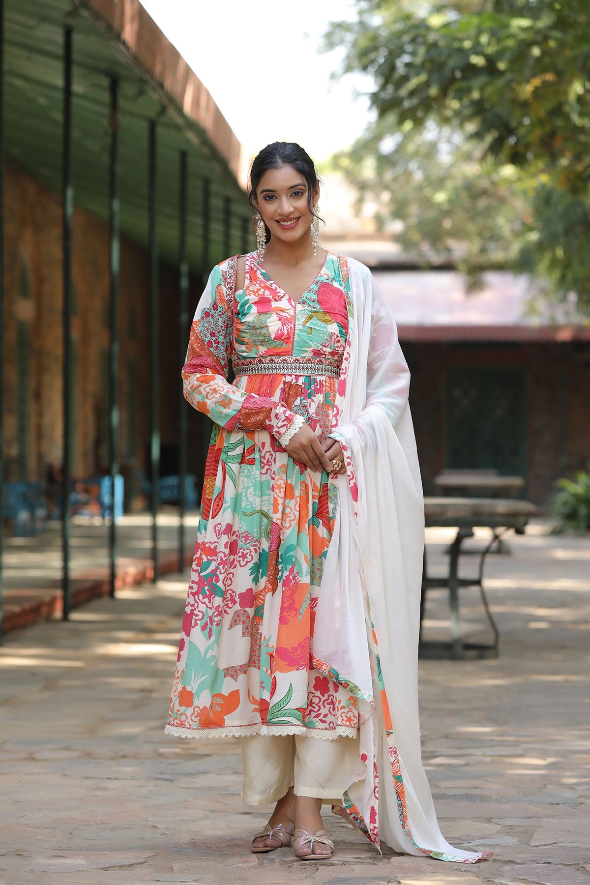 White Floral Viscose Crepe Anarkali Suit
