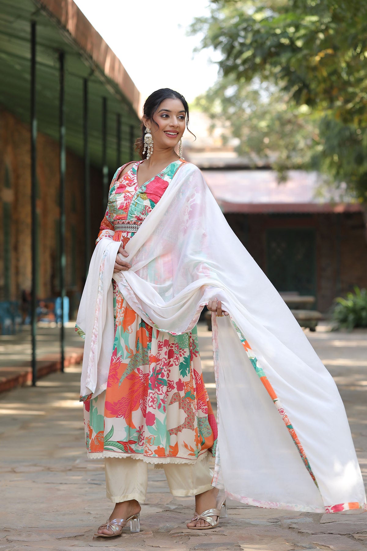 White Floral Viscose Crepe Anarkali Suit