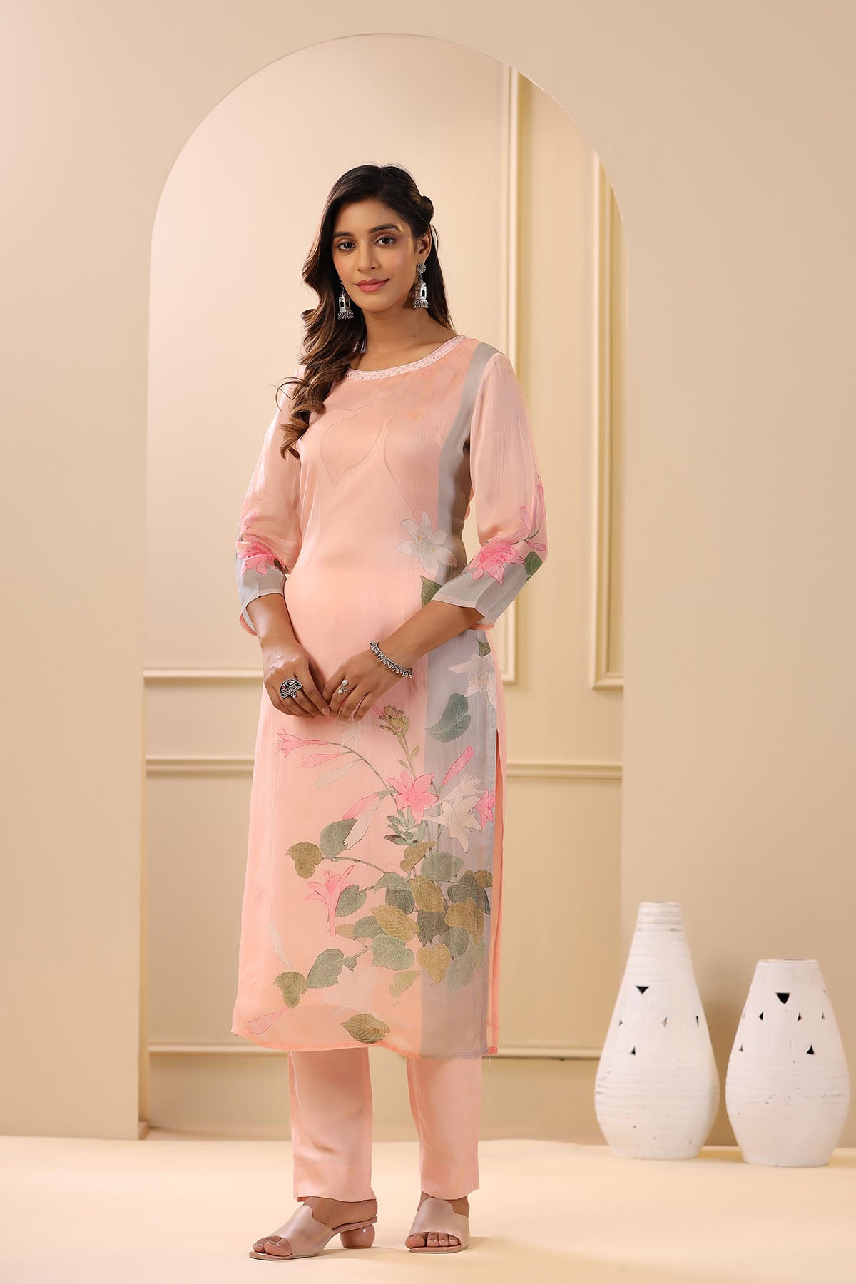 Pink Organza Printed Straight-Cut Suit Set