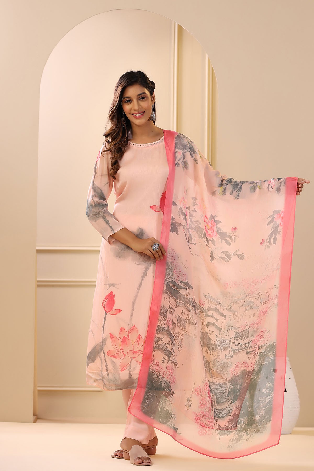 Pink Organza Printed Straight-Cut Suit Set