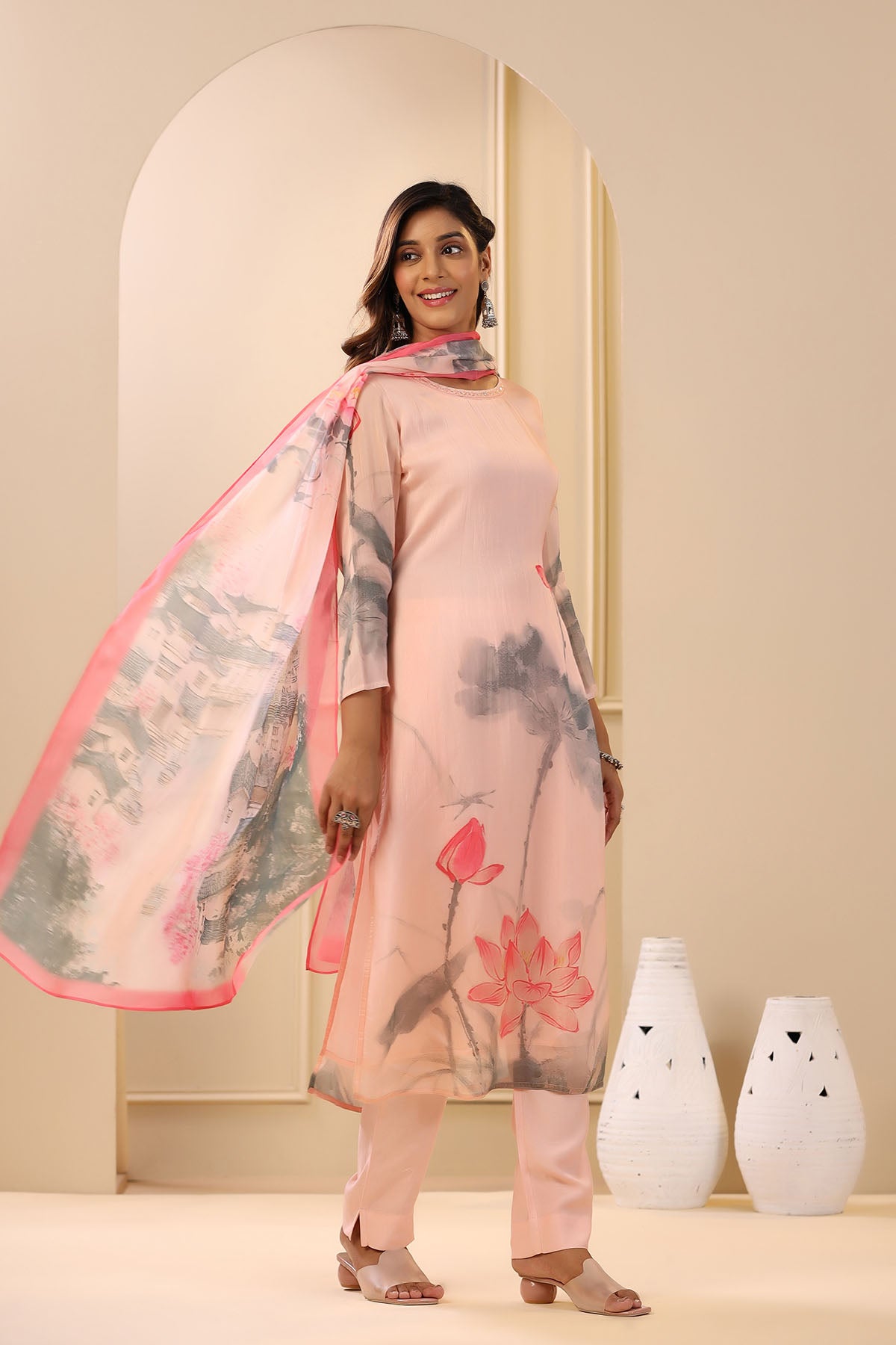 Pink Organza Printed Straight-Cut Suit Set