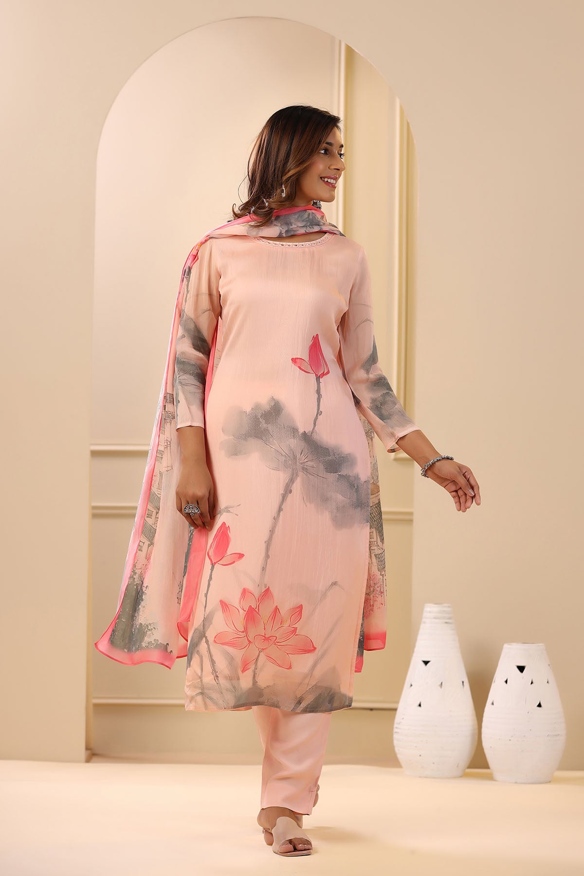 Pink Organza Printed Straight-Cut Suit Set