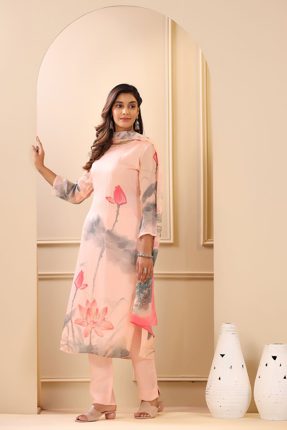 Pink Organza Printed Straight-Cut Suit Set