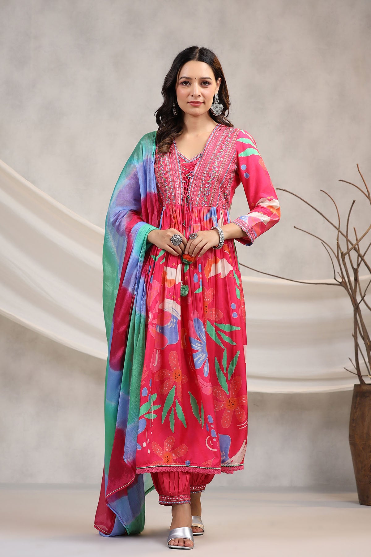 Red Floral Muslin Embroidered Anarkali Suit