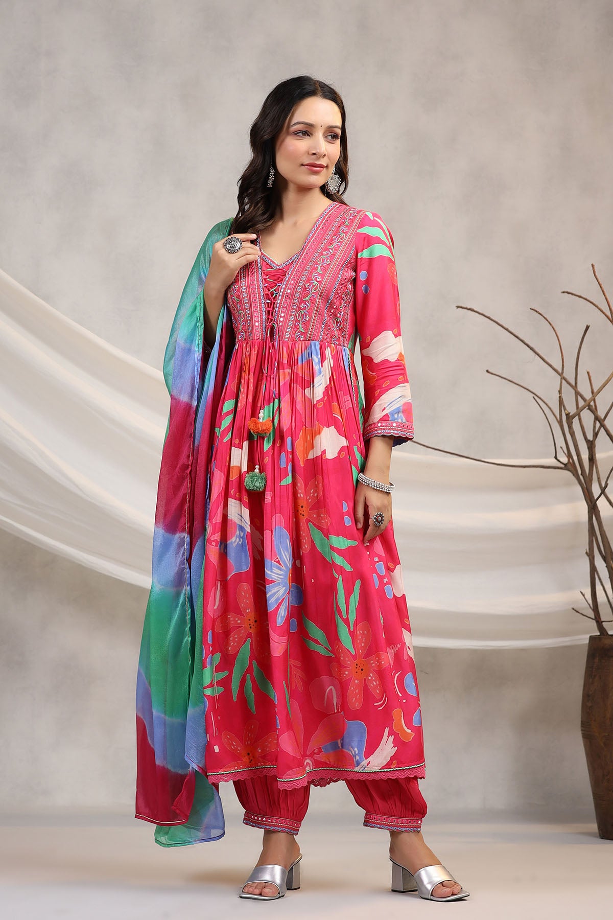 Red Floral Muslin Embroidered Anarkali Suit