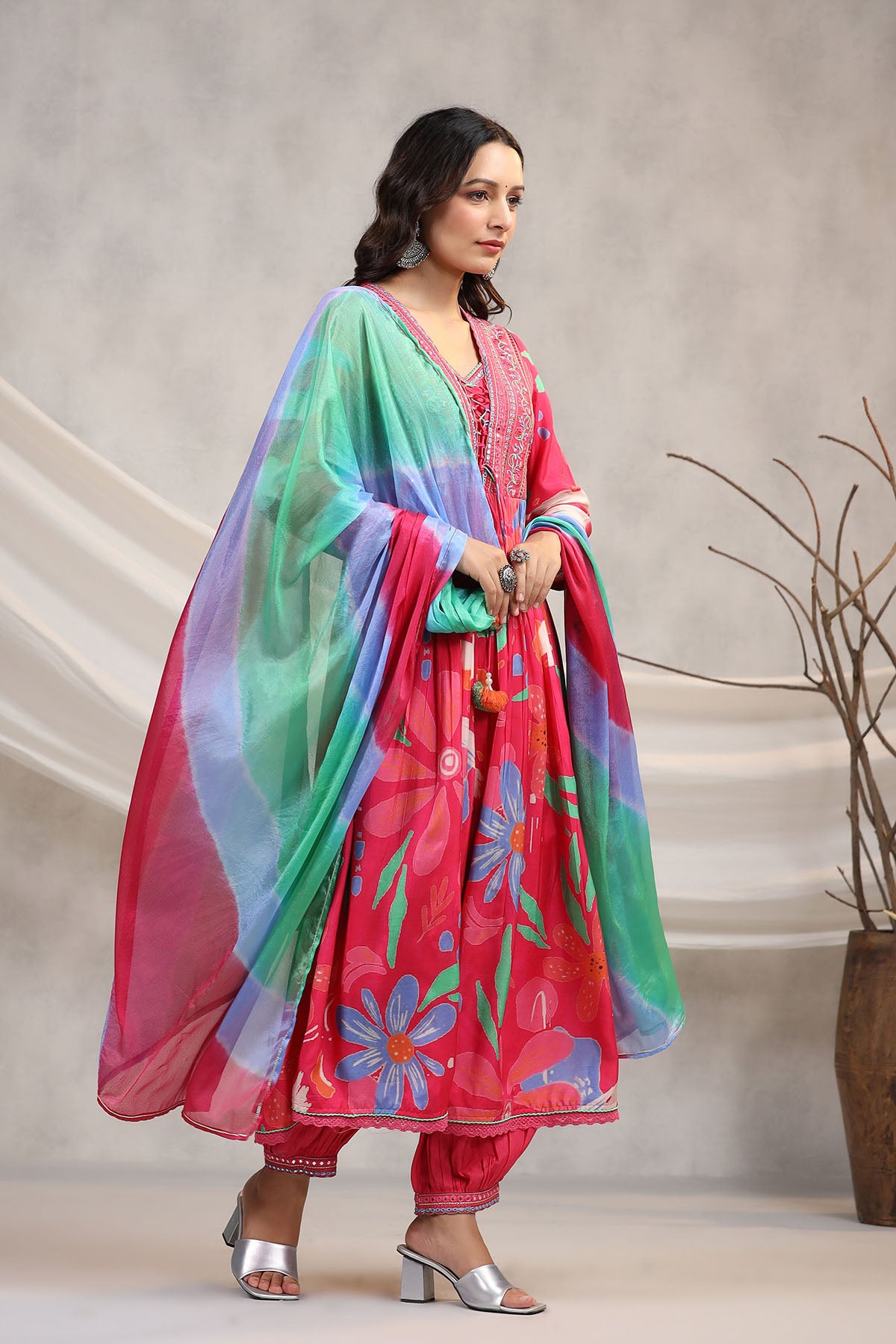 Red Floral Muslin Embroidered Anarkali Suit