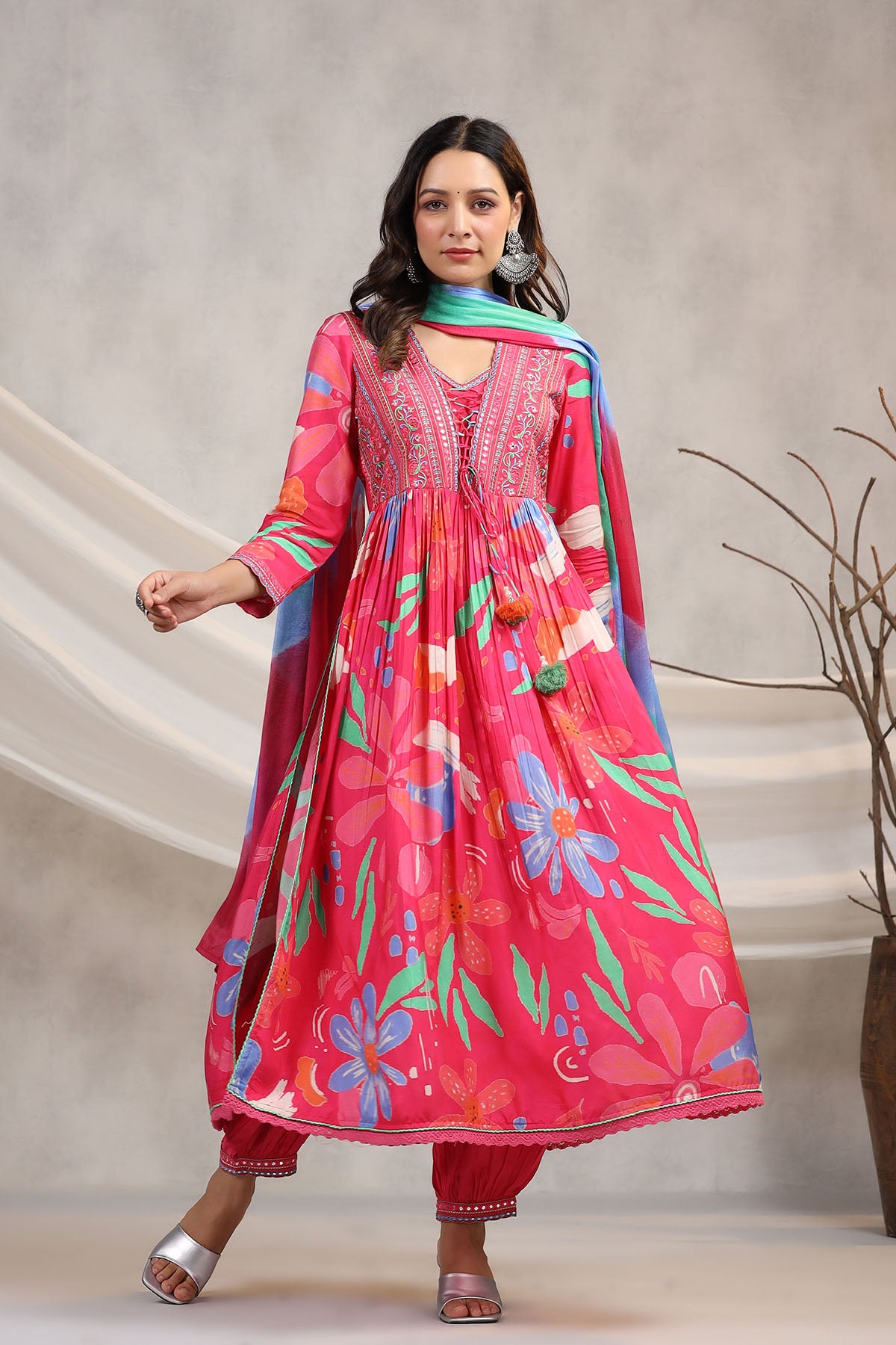 Red Floral Muslin Embroidered Anarkali Suit