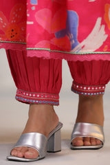 Pink Embroidered Gathered Muslin Side Slit Suit Set