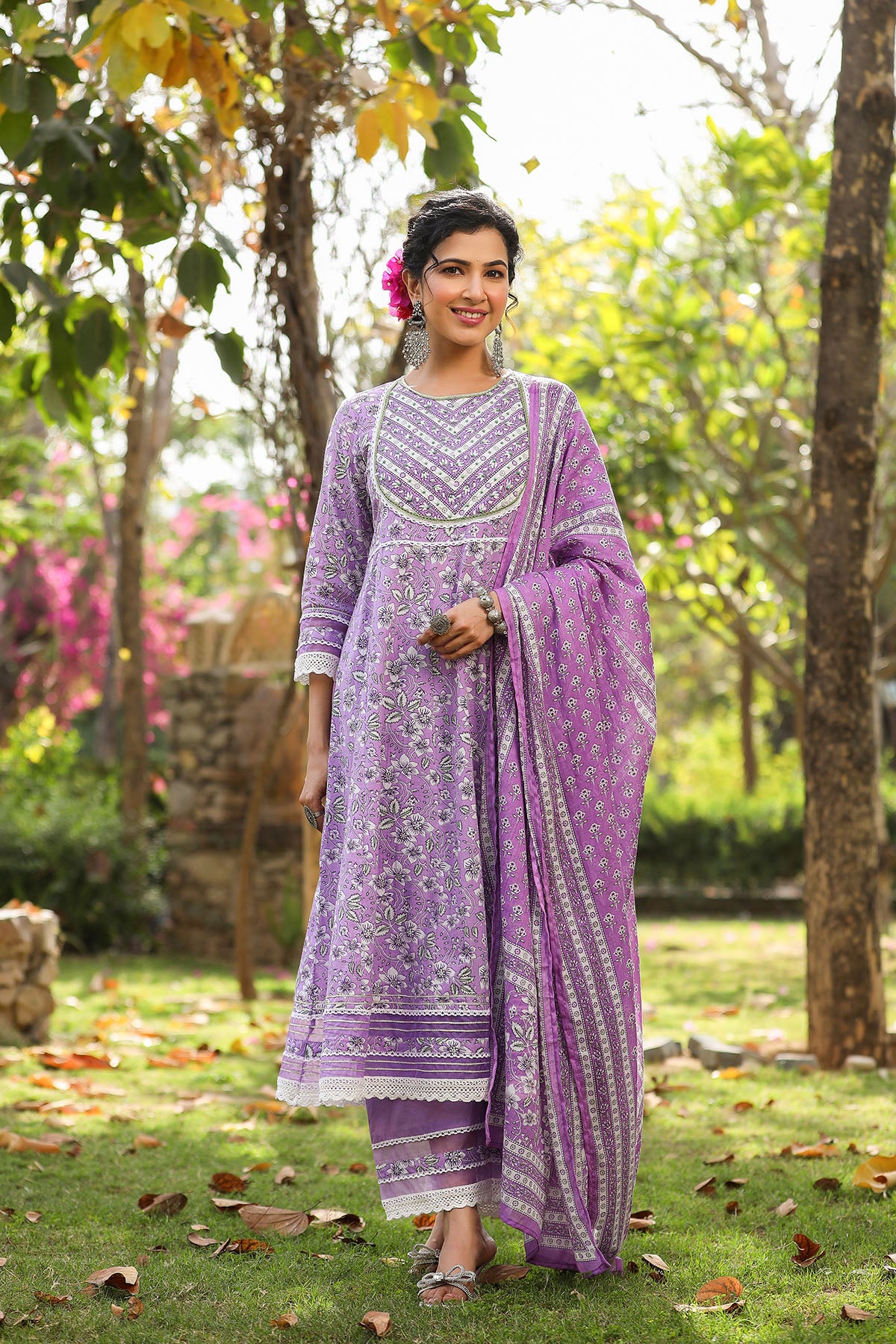 Purple Cotton Handwork Anarkali Suit