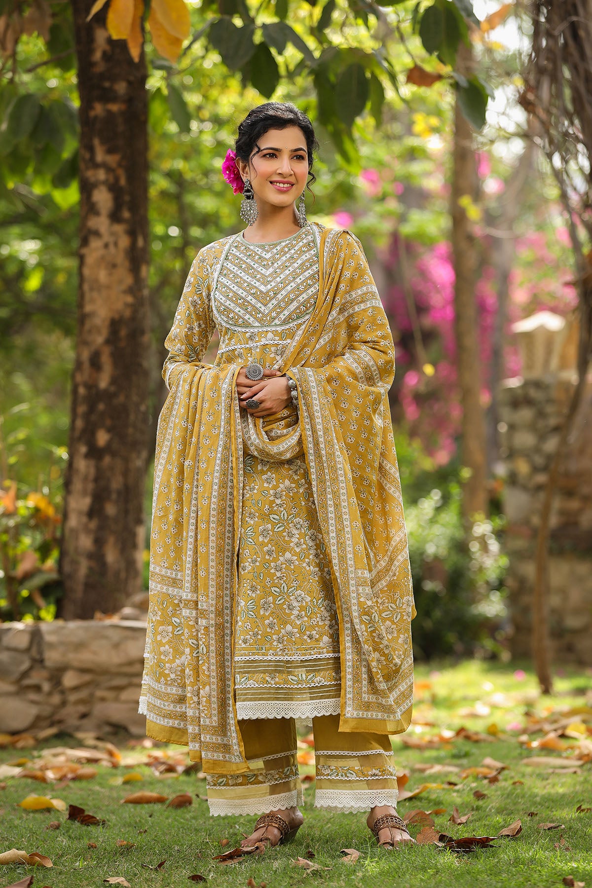 Yellow Cotton Handwork Anarkali Suit