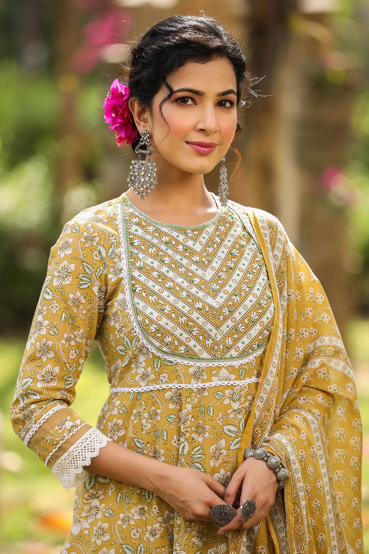 Yellow Cotton Handwork Anarkali Suit