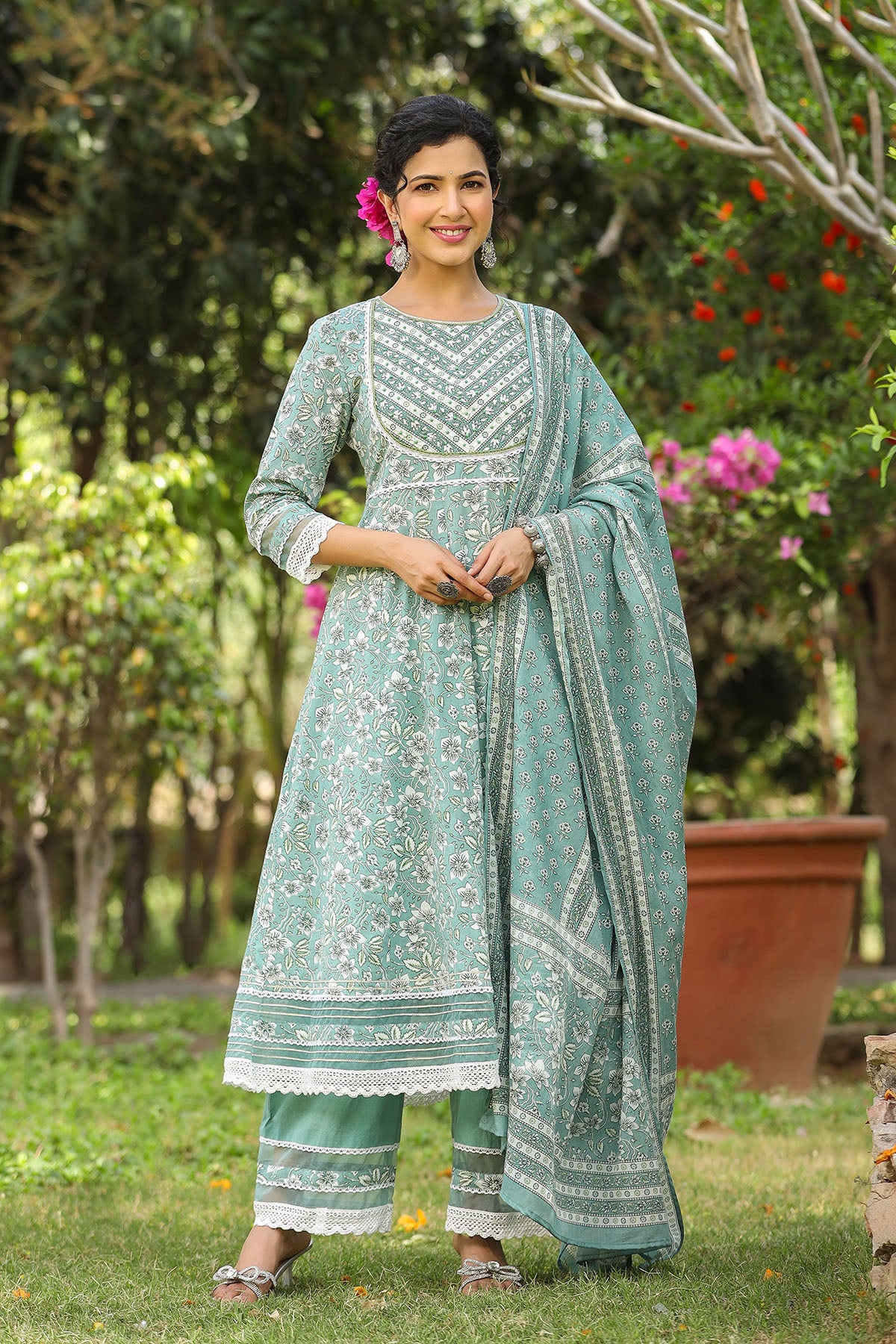 Blue Cotton Handwork Anarkali Suit