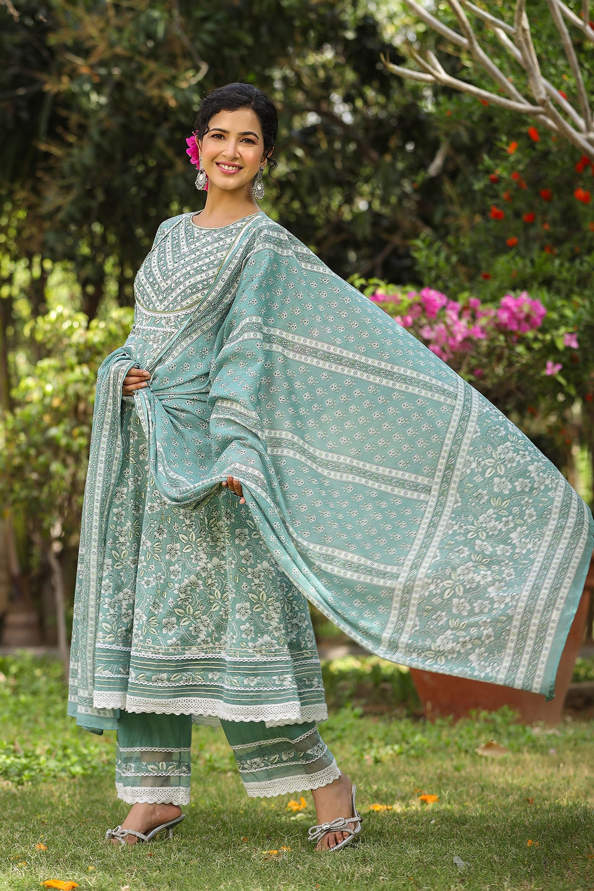 Blue Cotton Handwork Anarkali Suit