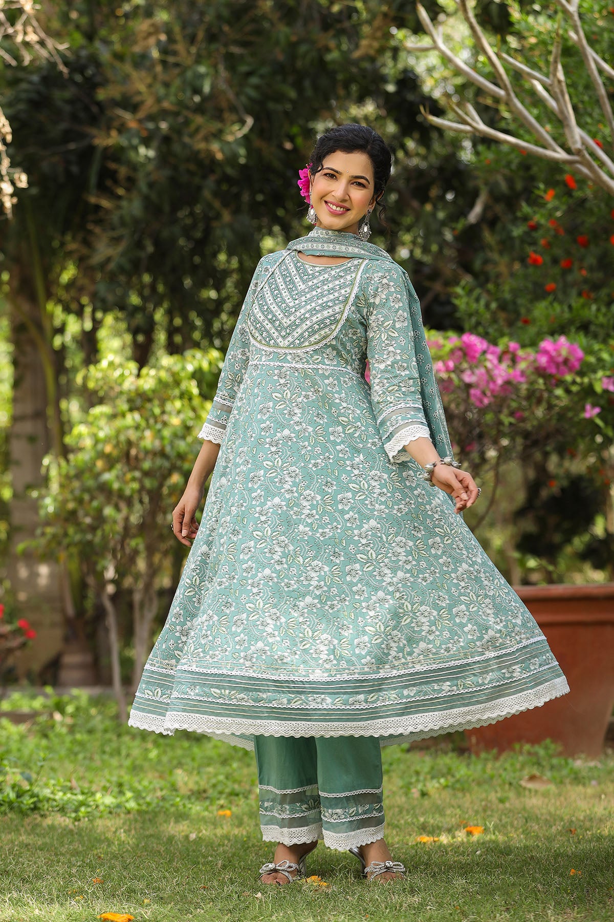 Blue Cotton Handwork Anarkali Suit