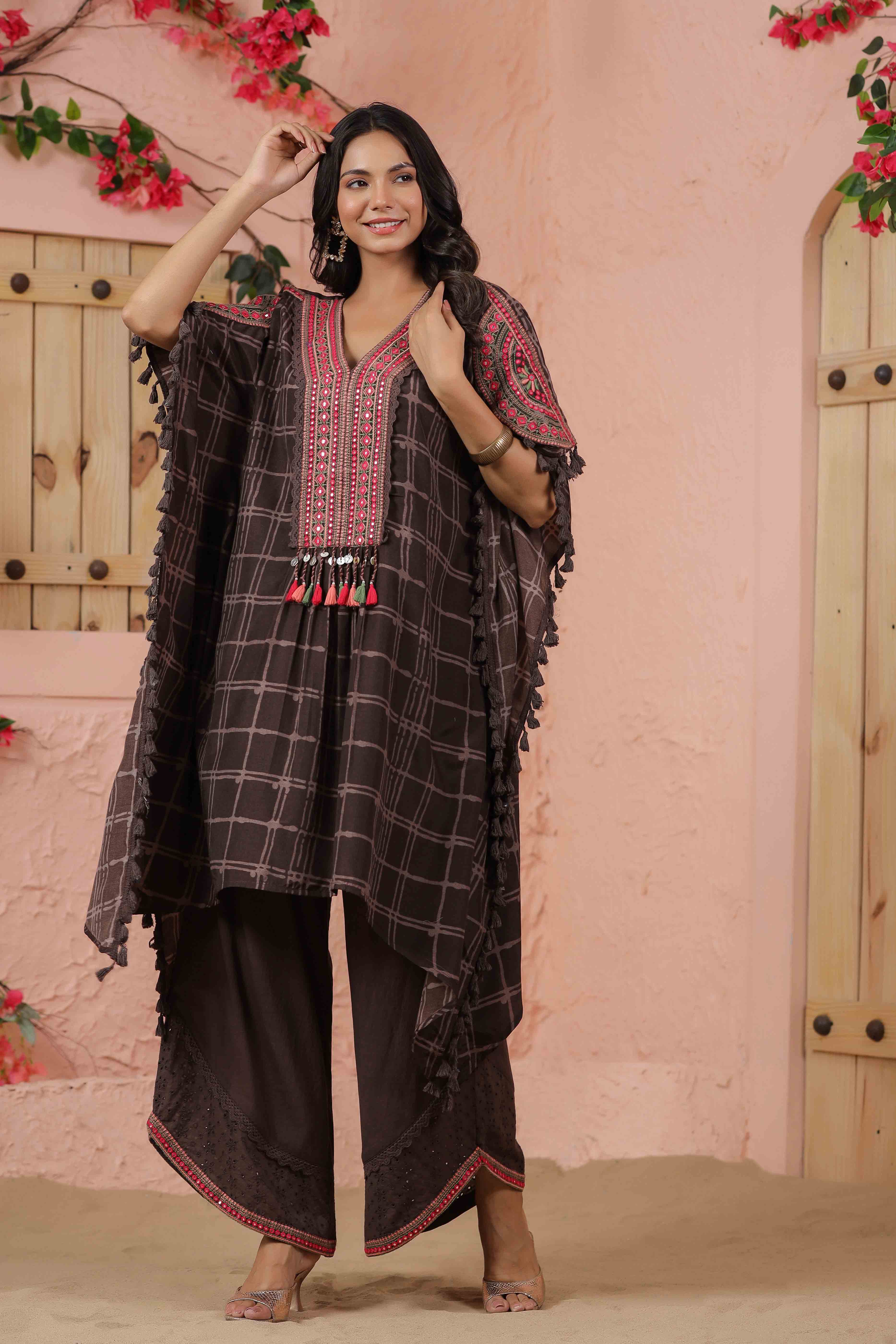 Brown Embroidered Kaftan Set