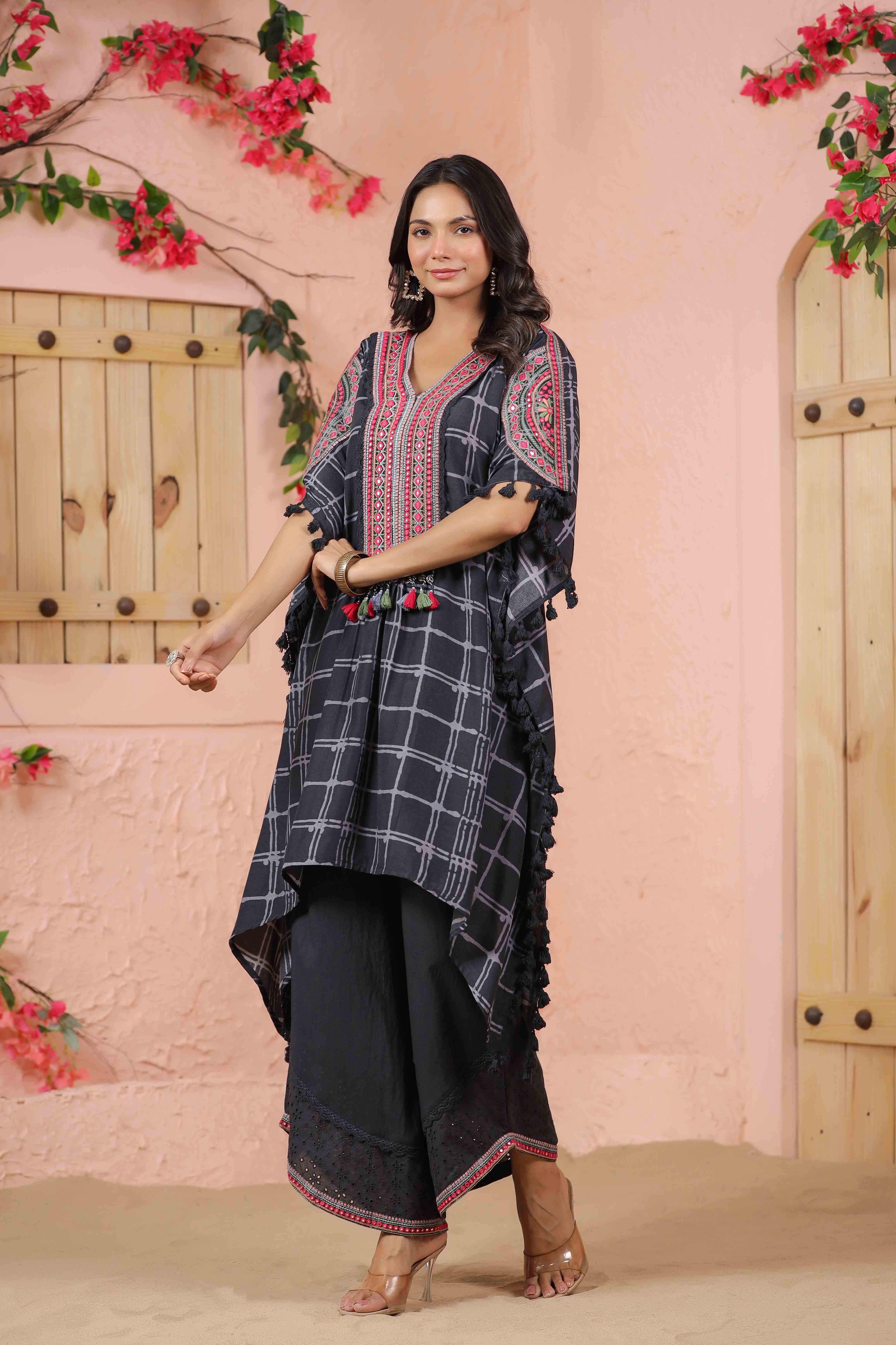 Charcoal Embroidered Kaftan Set