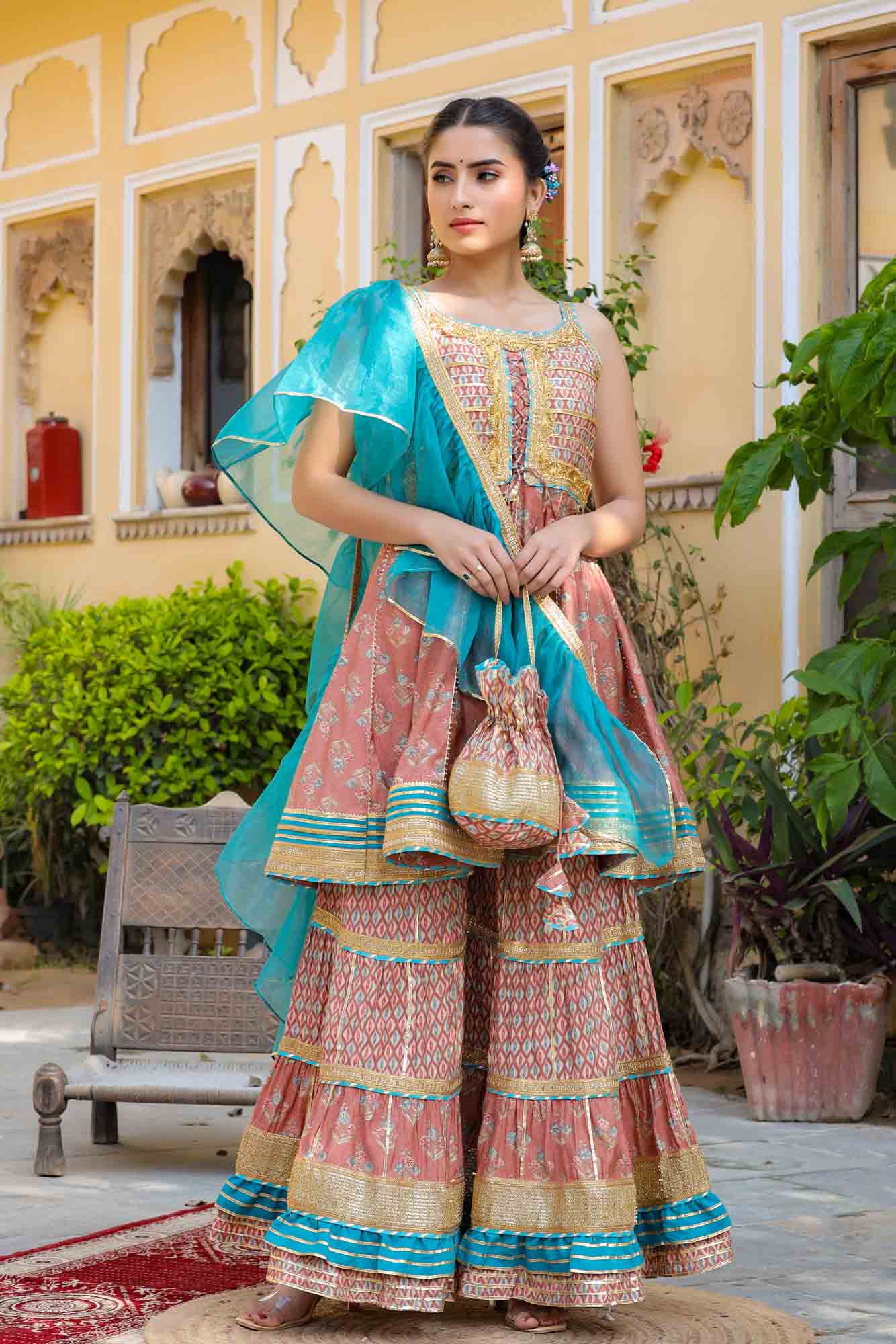 Peach Muslin Gotapatti Sharara Set With Potli Bag