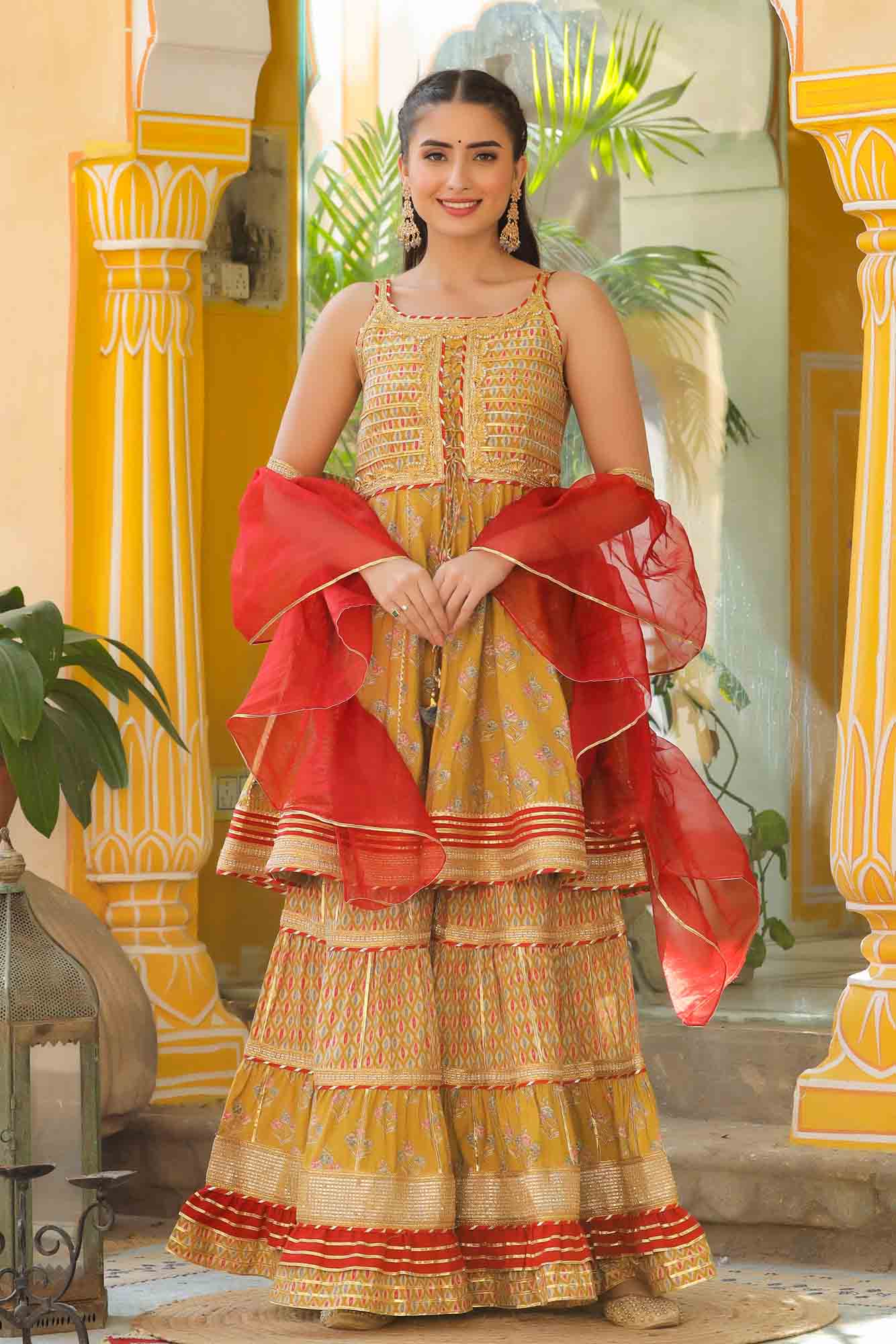 Mustard Yellow Muslin Gotapatti Sharara Set With Potli Bag